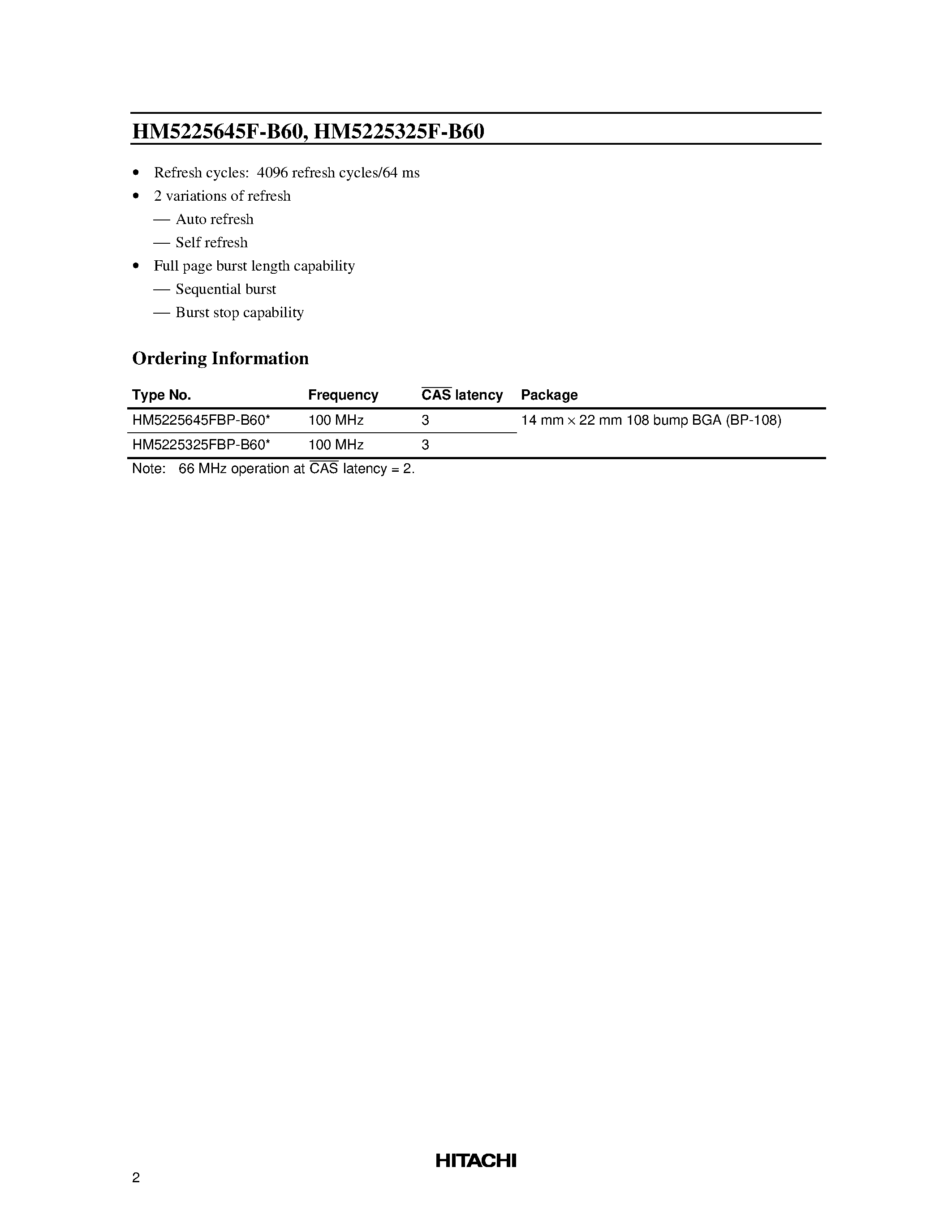 Datasheet HM5225645F page 2 Datasheet HM5225645F - 256M LVTTL interface SDRAM 100 MHz 1-Mword x 64-bit x 4-bank/2-Mword x 32-bit x 4-bank PC/100 SDRAM page 2