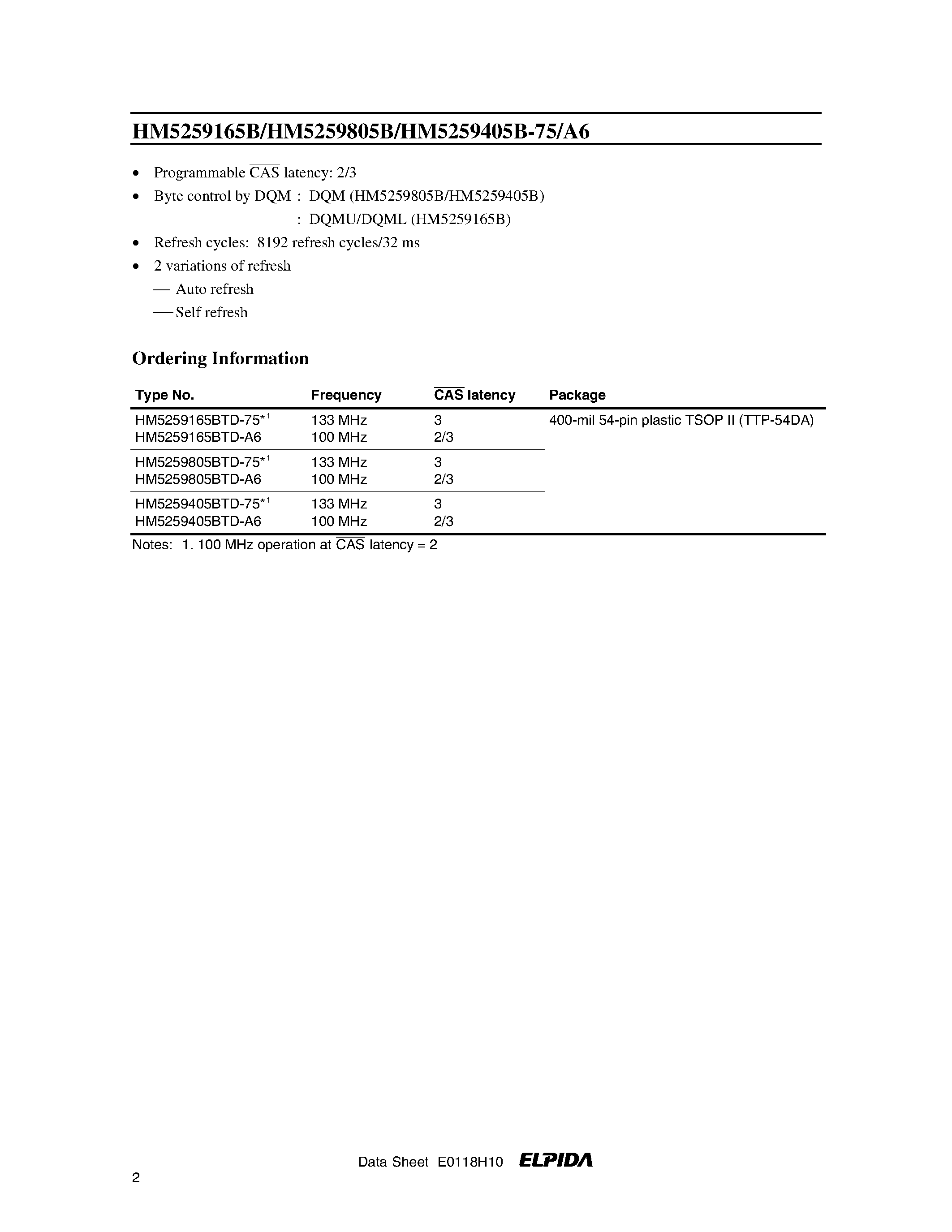Datasheet HM5259805B-A6 page 2 Datasheet HM5259805B-A6 - 512M LVTTL interface SDRAM 133 MHz/100 MHz 8-Mword 16-bit 4-bank/16-Mword 8-bit 4-bank /32-Mword 4-bit 4-bank PC/133/ PC/100 SDRAM page 2