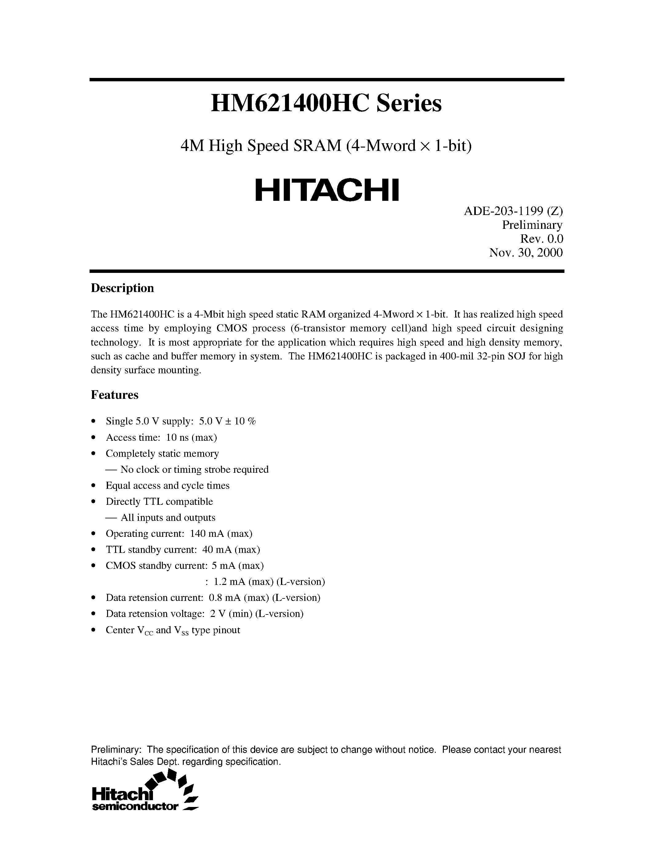 Даташит HM621400HC - 4M High Speed SRAM (4-Mword x 1-bit) страница 1