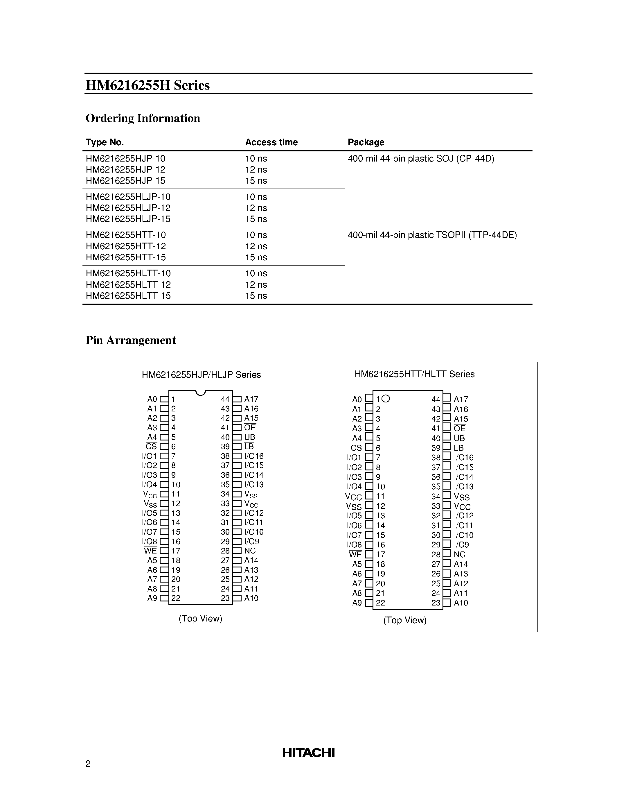 Даташит на микросхему HM6216255HLJP-15 страница 2 Даташит HM6216255HLJP-15 - 4M high Speed SRAM (256-kword x 16-bit) страница 2