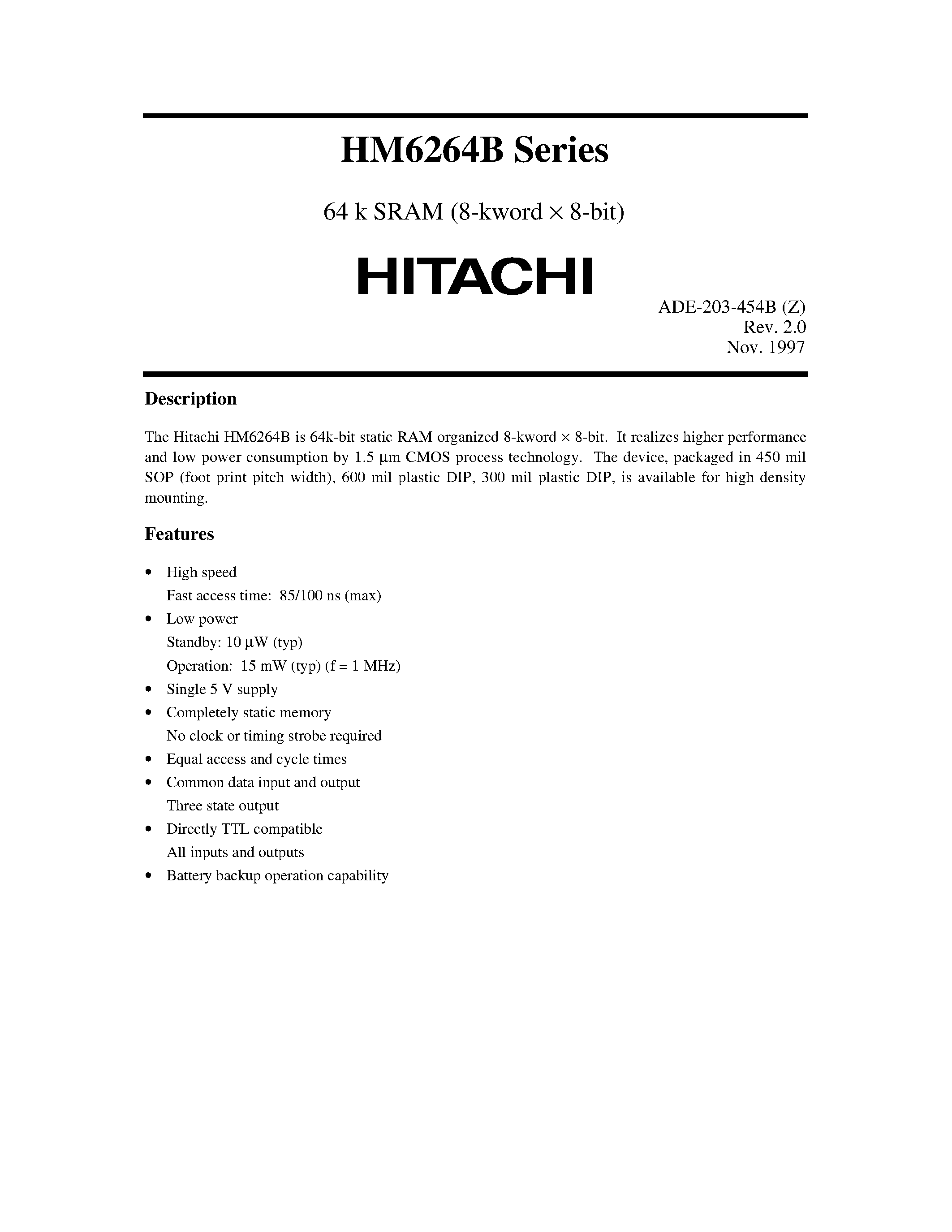 Даташит HM6264 - 8192-word x 8-bit High Speed CMOS Static RAM страница 1