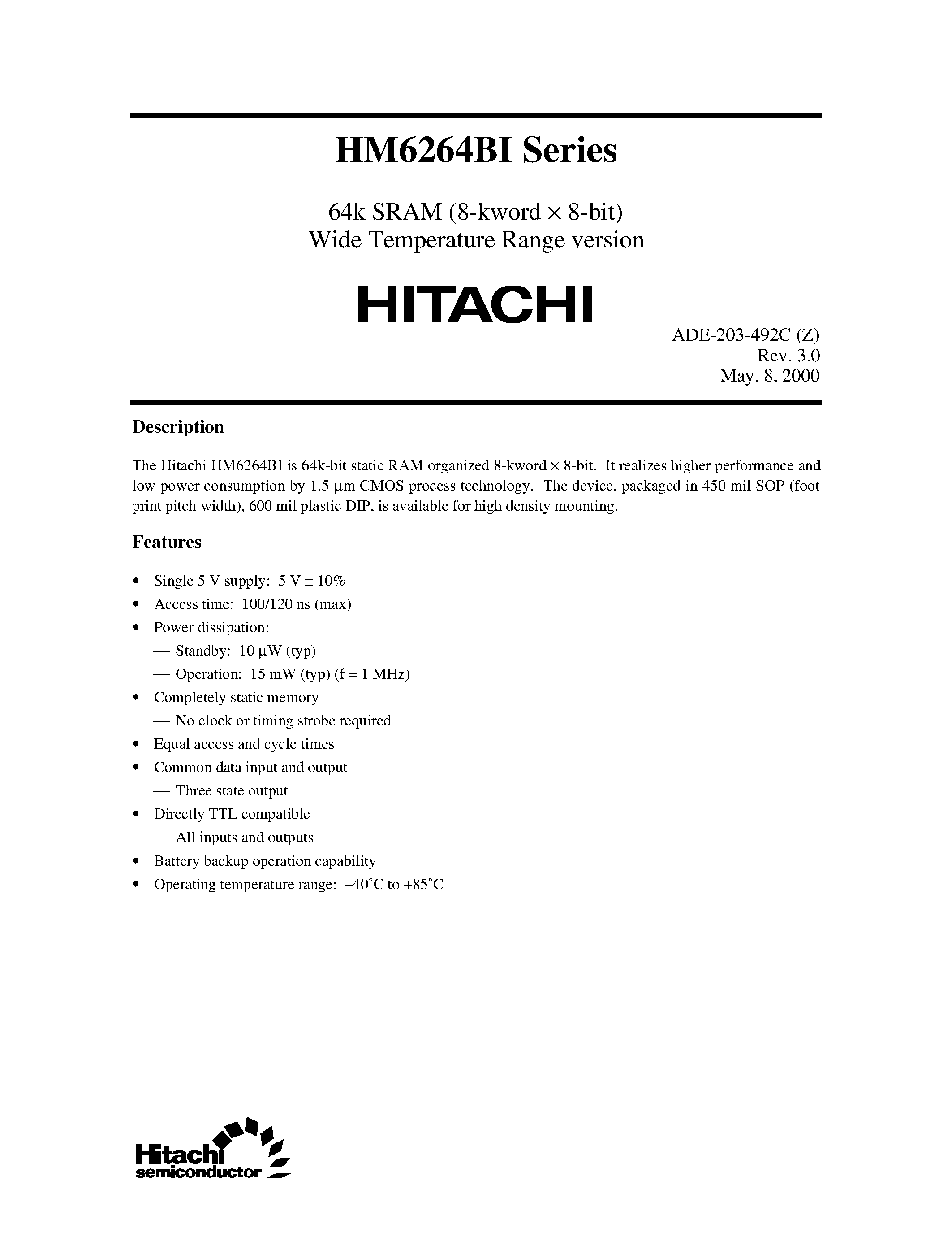 Datasheet HM6264BI - 64k SRAM (8-kword x 8-bit) Wide Temperature Range version page 1