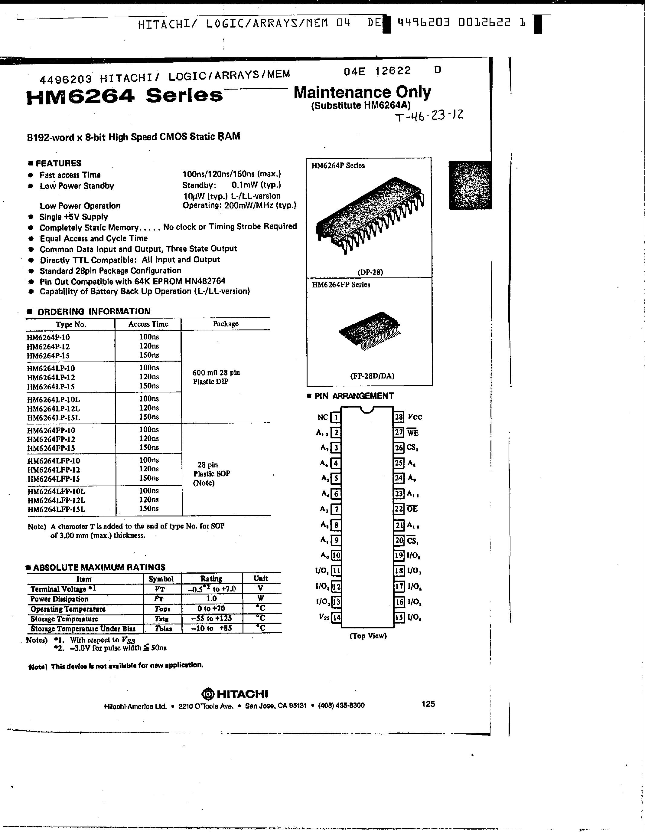 Даташит на микросхему HM6264LP-15L страница 1 Даташит HM6264LP-15L - 8192-word x 8-bit High Speed CMOS Static RAM страница 1