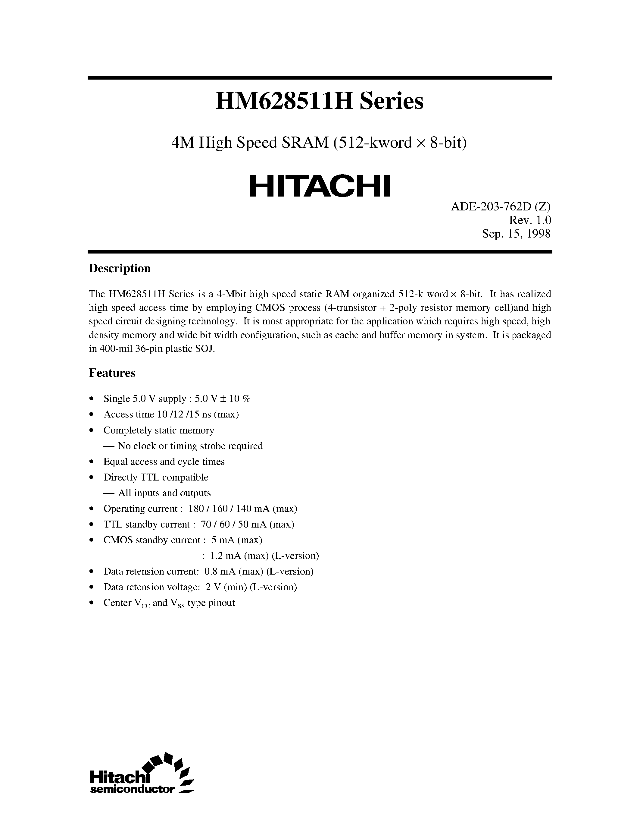 Даташит HM628511HJP-15 - 4M High Speed SRAM (512-kword x 8-bit) страница 1