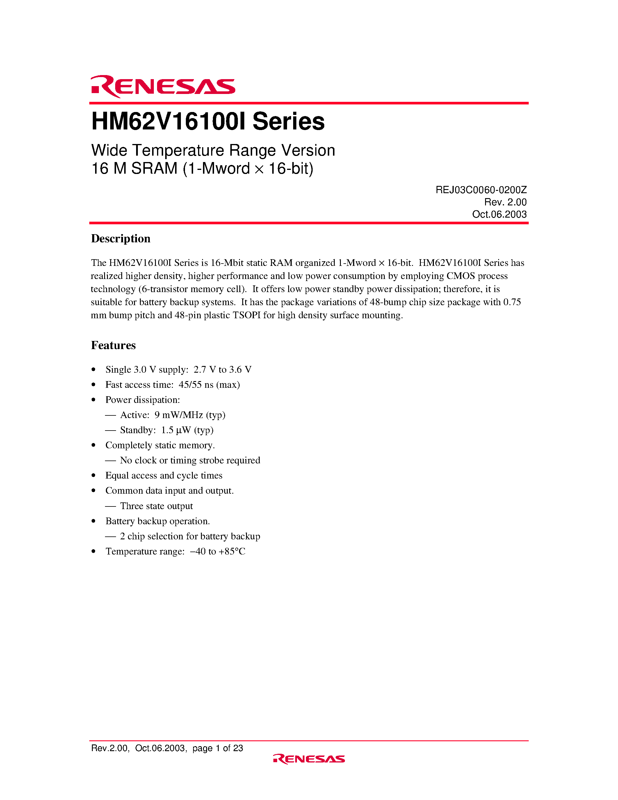 Datasheet HM62V16100LTI-4 - Wide Temperature Range Version page 1