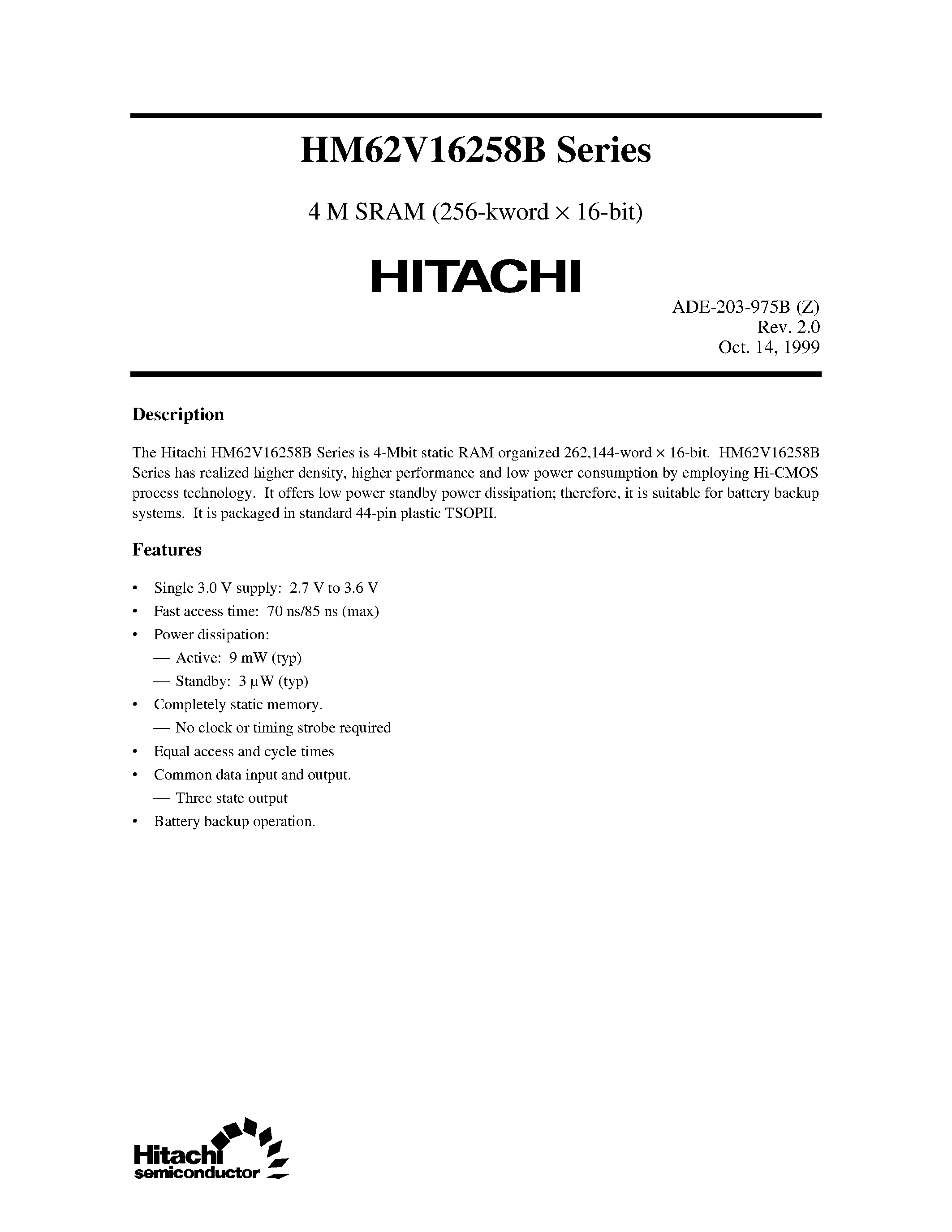 Datasheet HM62V16258BLTT-8 - 4 M SRAM (256-kword x 16-bit) page 1