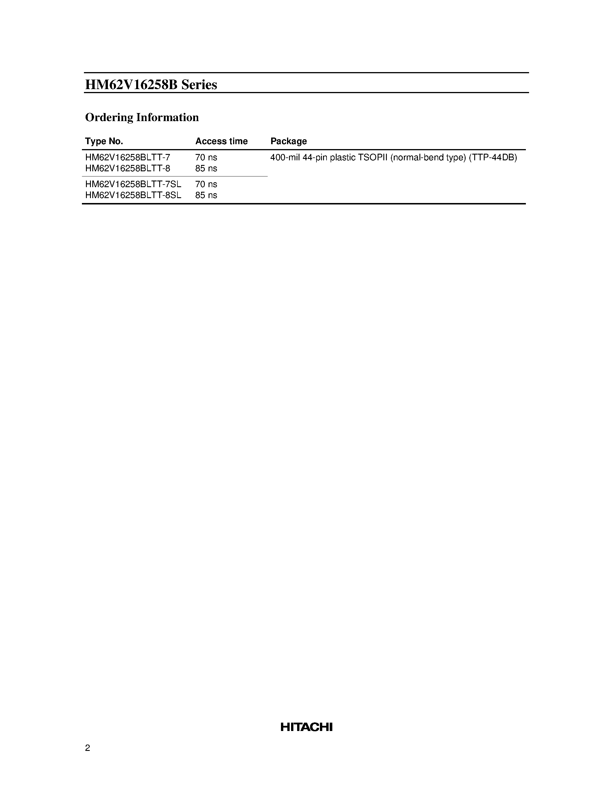 Datasheet HM62V16258BLTT-8 - 4 M SRAM (256-kword x 16-bit) page 2