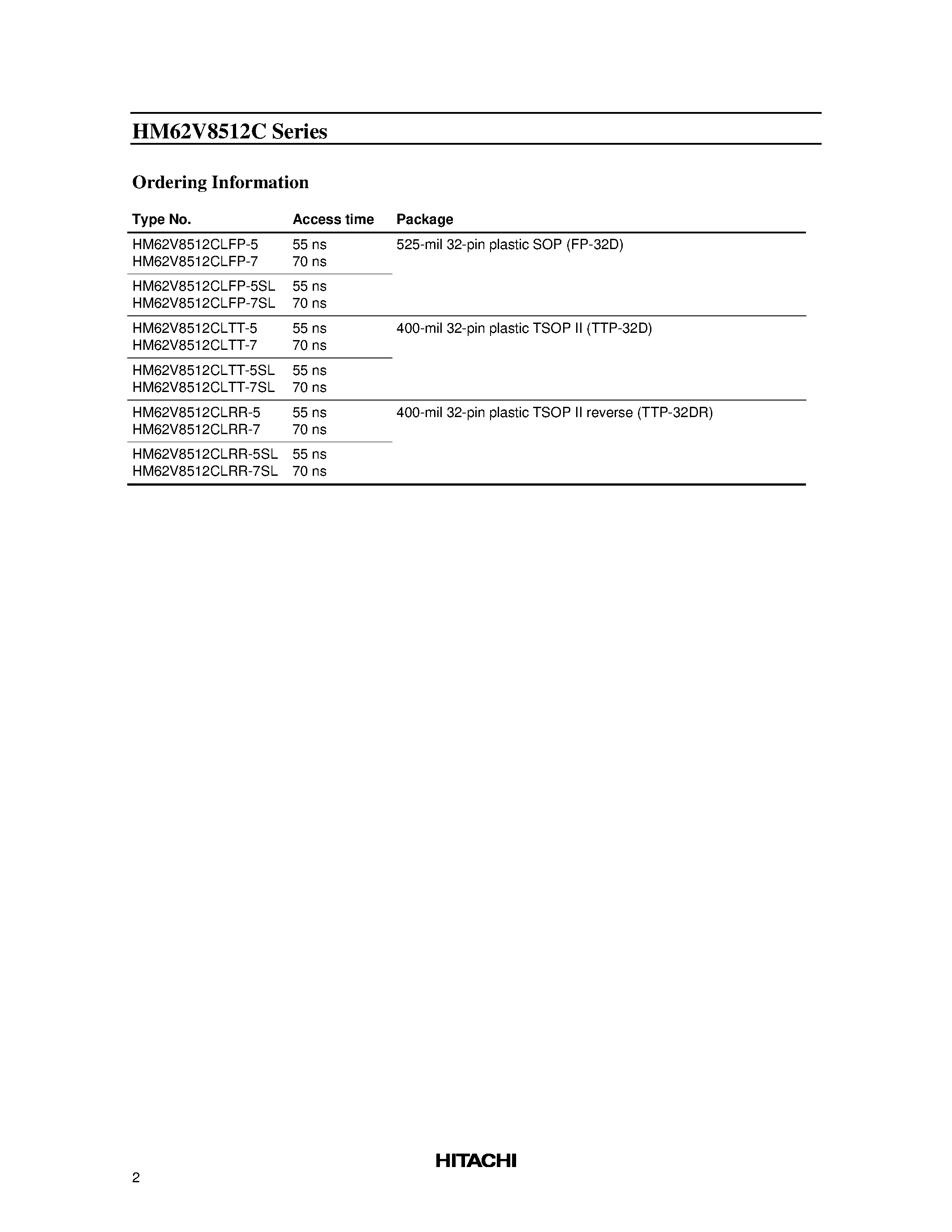 Datasheet HM62V8512CLFP-5 - 4 M SRAM (512-kword x 8-bit) page 2