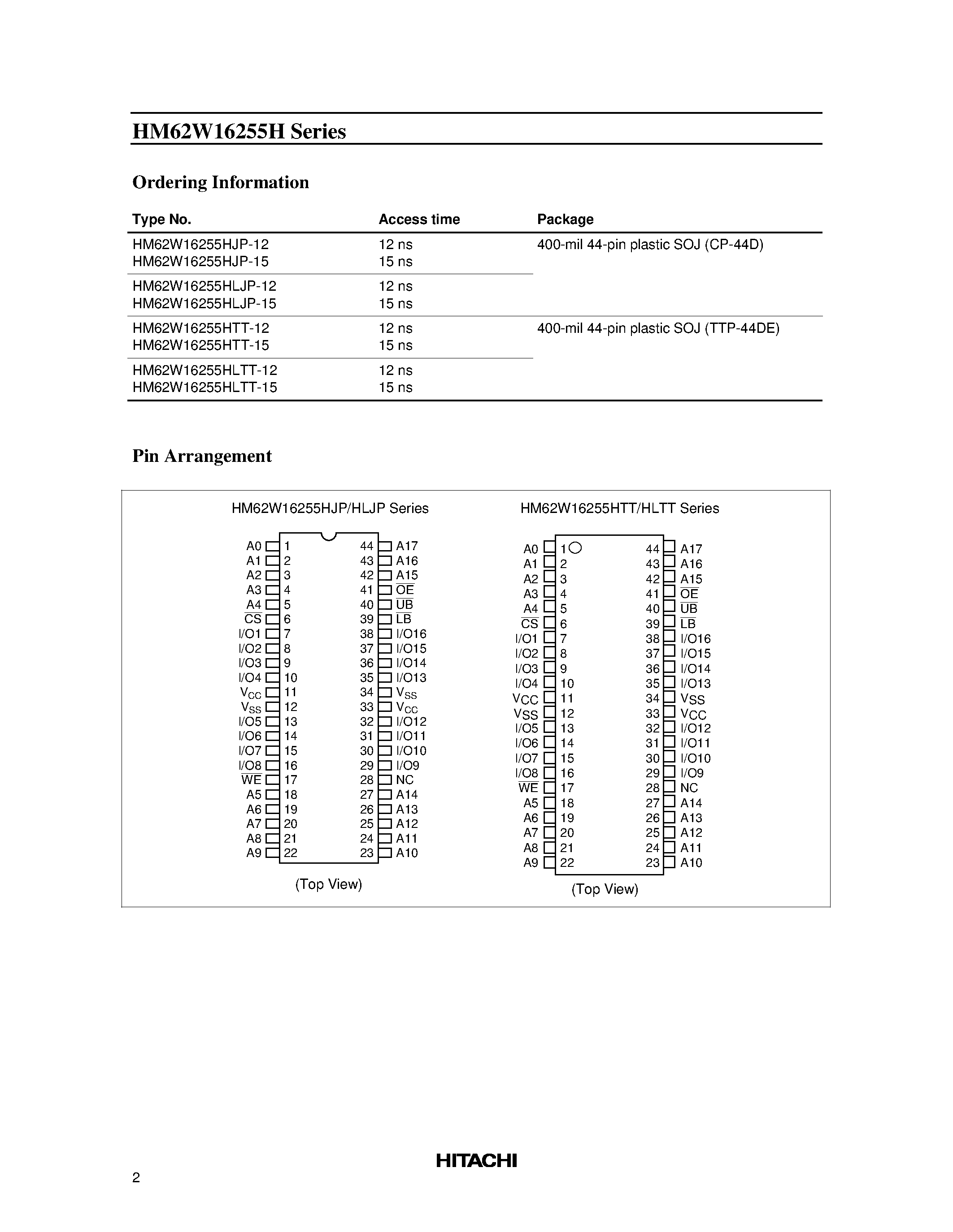 Даташит на микросхему HM62W16255HLJP-15 страница 2 Даташит HM62W16255HLJP-15 - 4M High Speed SRAM (256-kword x 16-bit) страница 2
