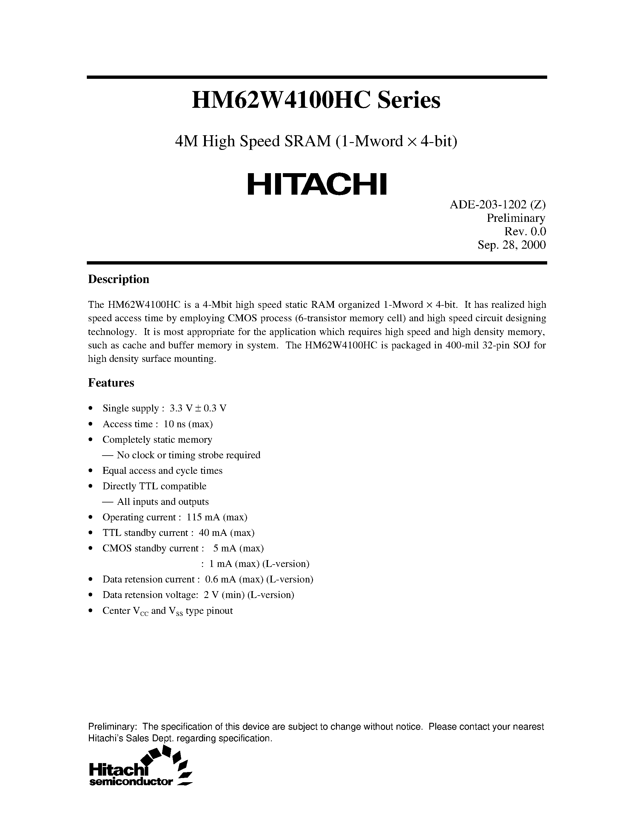 Даташит HM62W4100HCJP-10 - 4M High Speed SRAM (1-Mword x 4-bit) страница 1