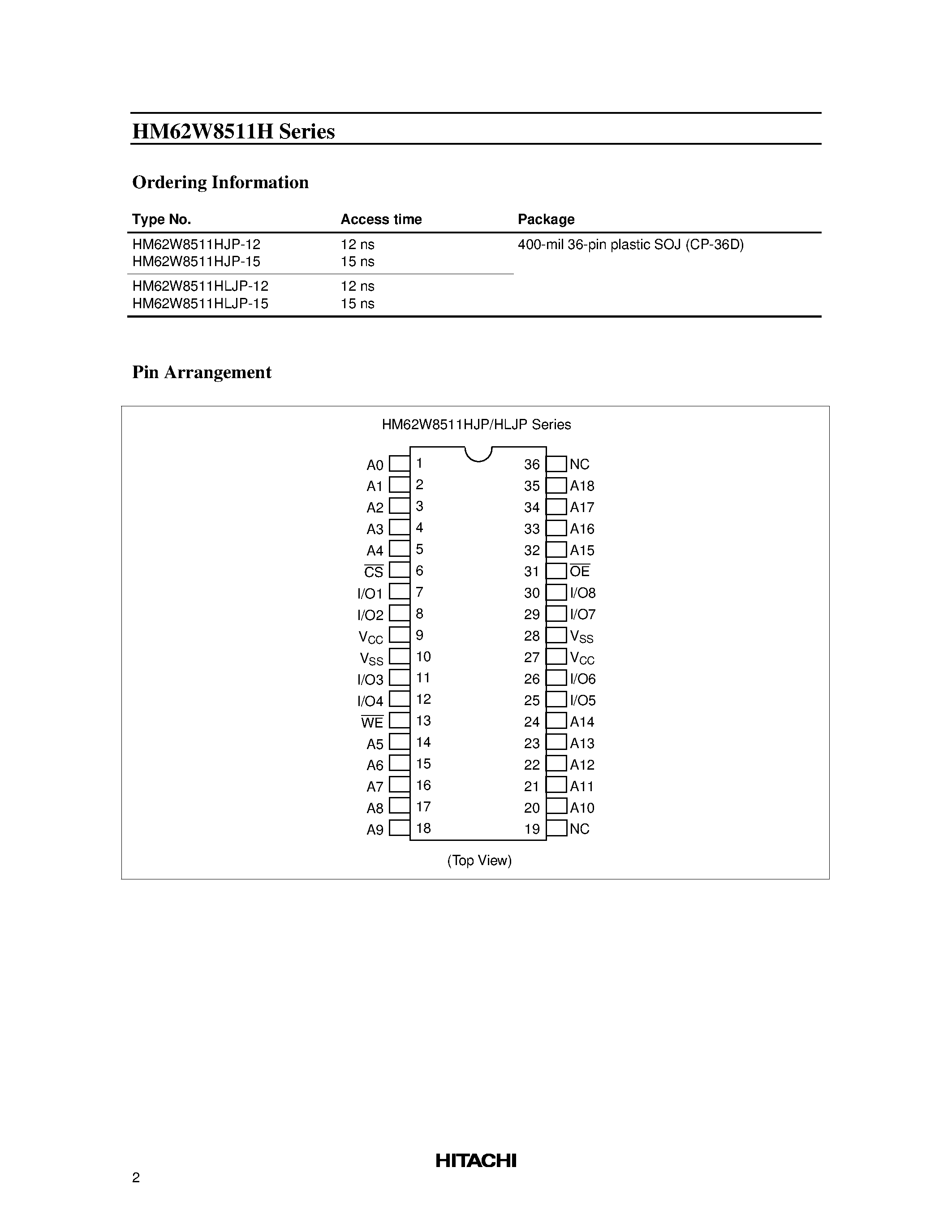 Даташит HM62W8511H - 4M High Speed SRAM (512-kword x 8-bit) страница 2