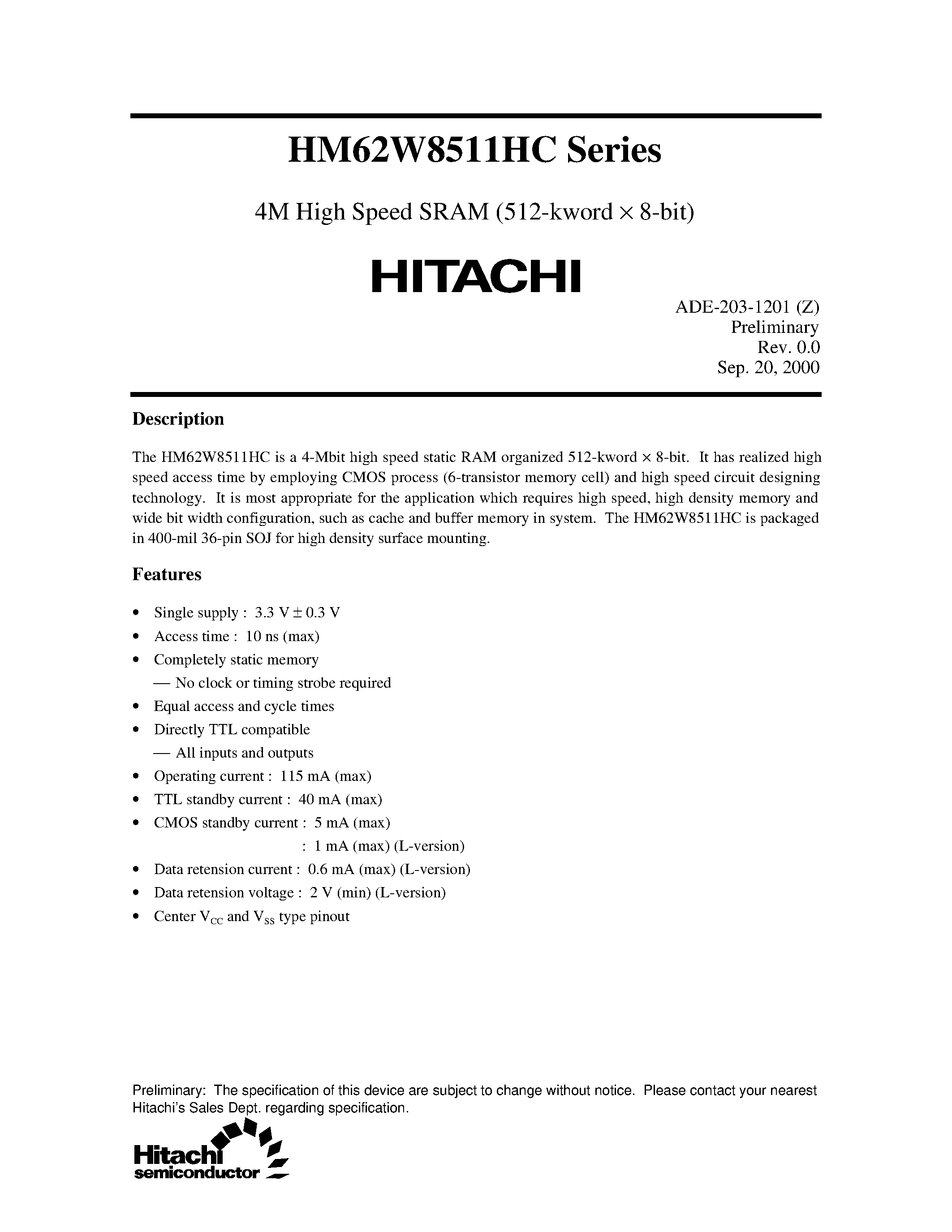 Даташит HM62W8511HCLJP-10 - 4M High Speed SRAM (512-kword x 8-bit) страница 1