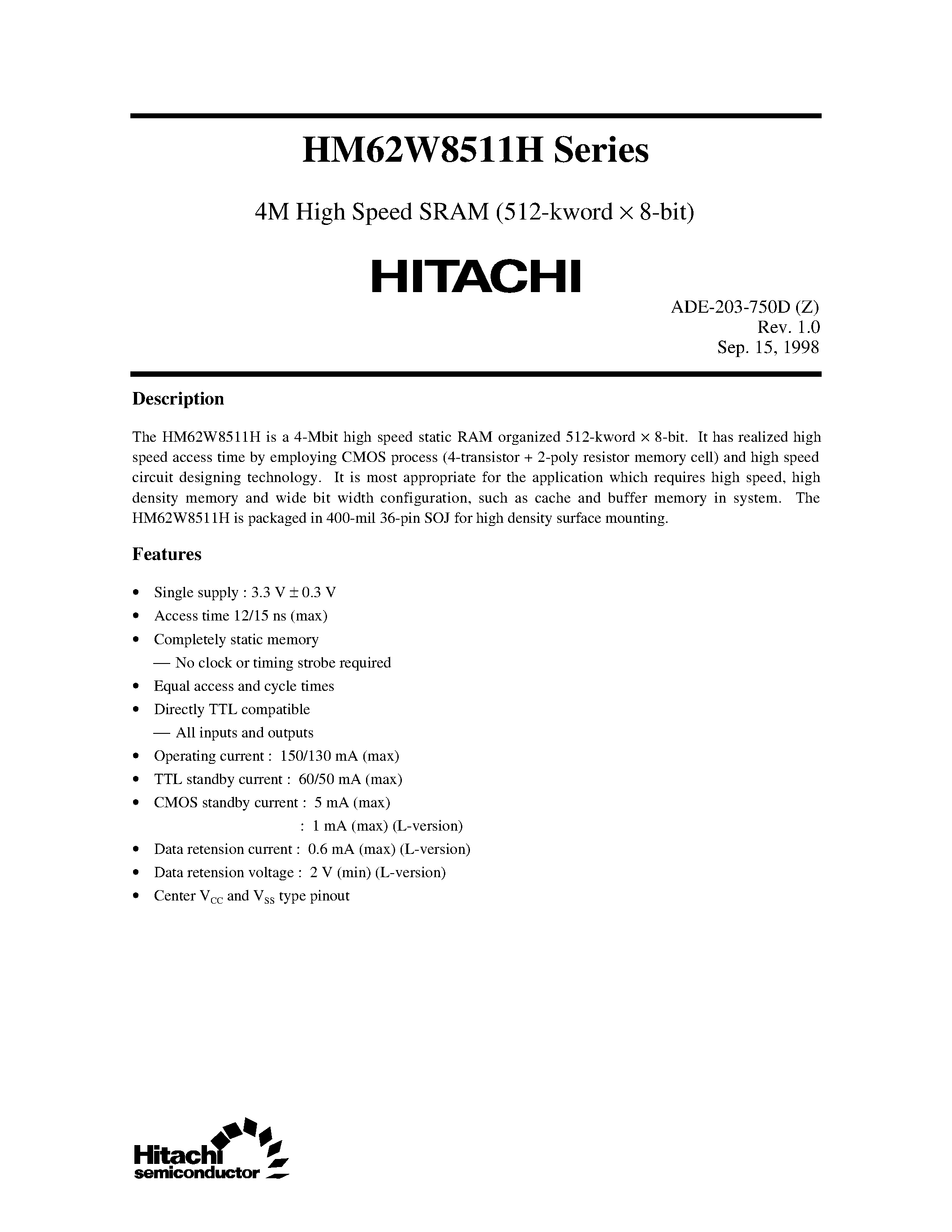 Даташит HM62W8511HJP-12 - 4M High Speed SRAM (512-kword x 8-bit) страница 1