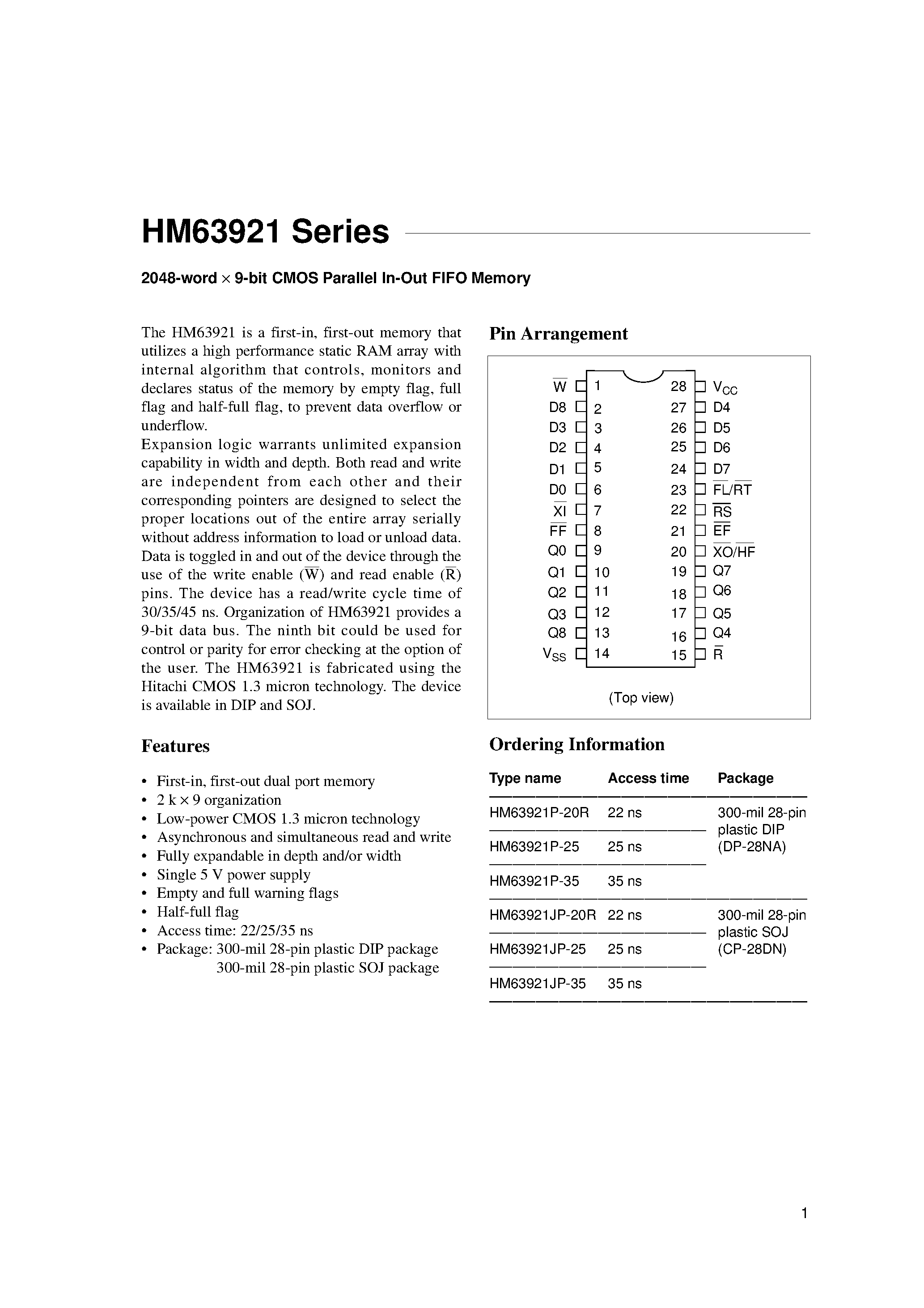 Даташит HM63921JP-25 - 2048-word x 9-bit CMOS Parallel In-Out FIFO Memory страница 1