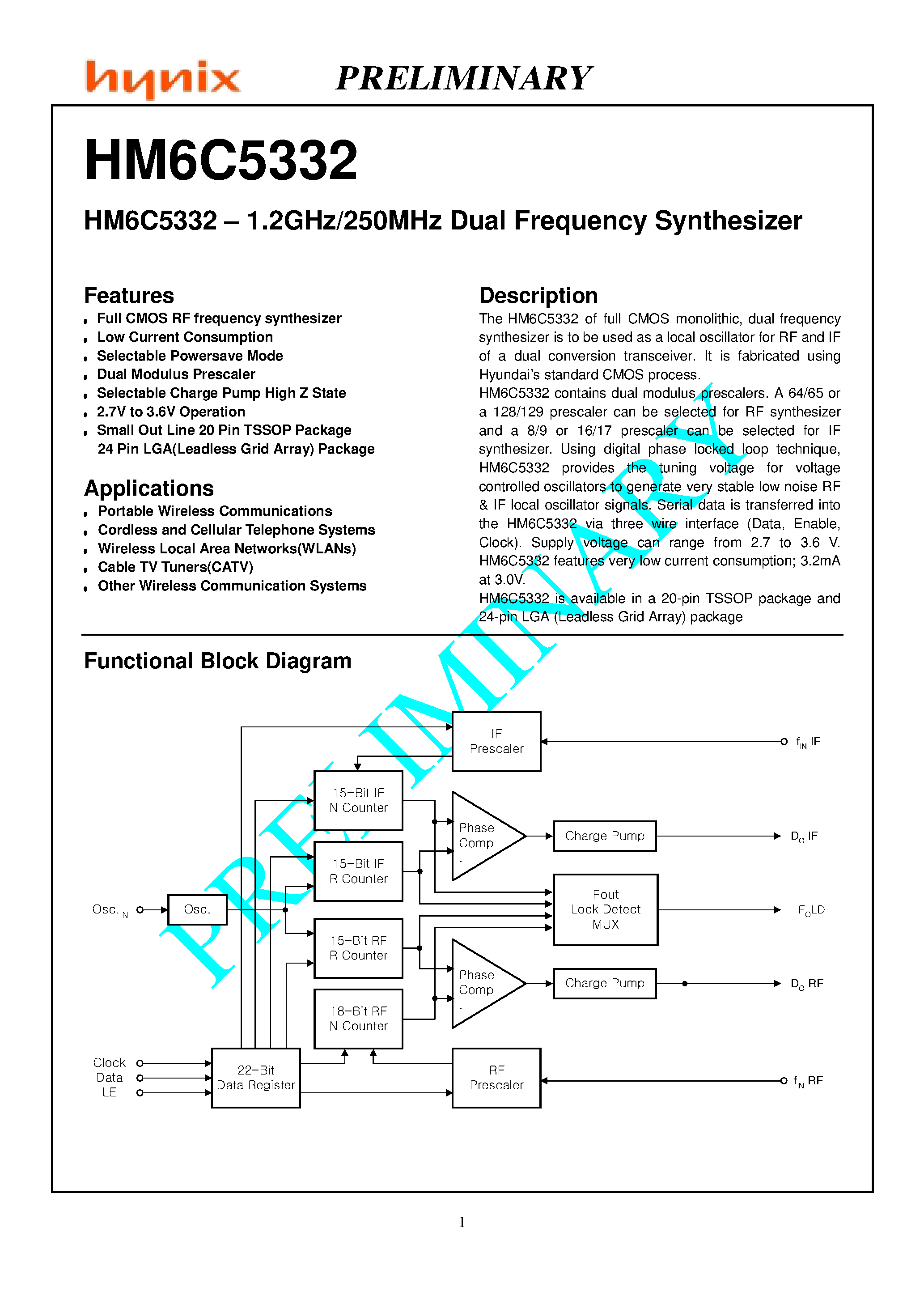Даташит HM6C5332 - HM6C5332 - 1.2GHz/250MHz Dual Frequency Synthesizer страница 1