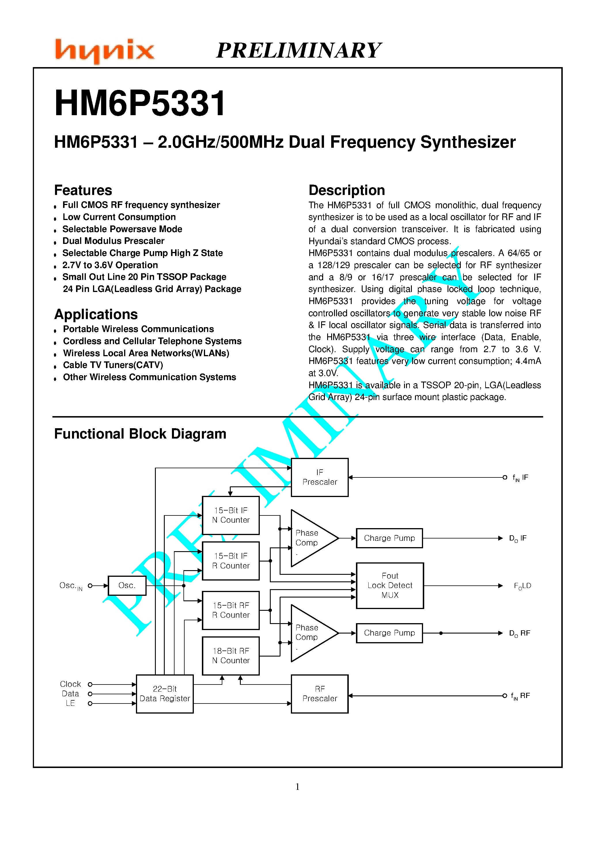 Даташит на микросхему HM6P5331 страница 1 Даташит HM6P5331 - HM6P5331 - 2.0GHz/500MHz Dual Frequency Synthesizer страница 1