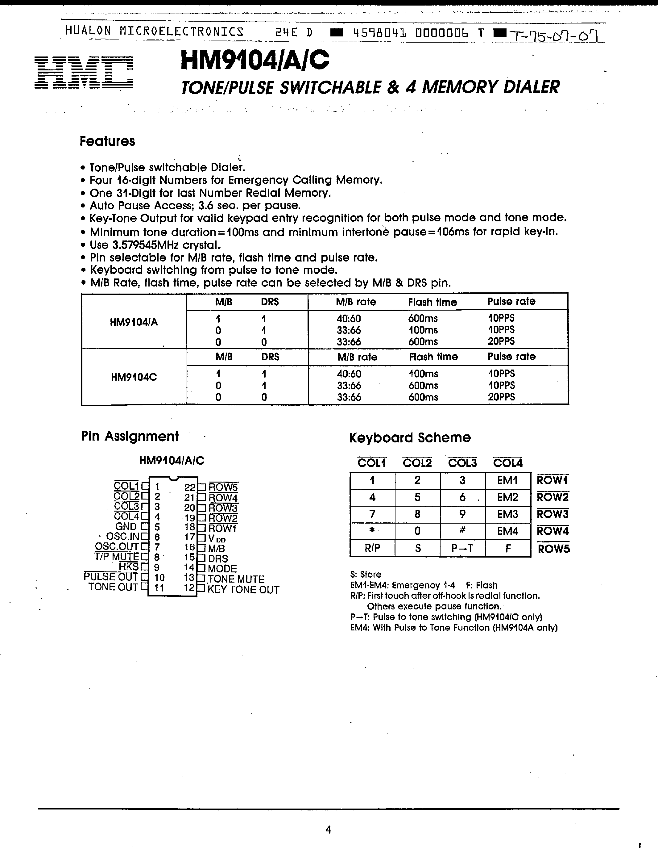 Даташит HM9104 - TONE/PULSE SWITCHABLE & 4 MEMORY DIALER страница 1