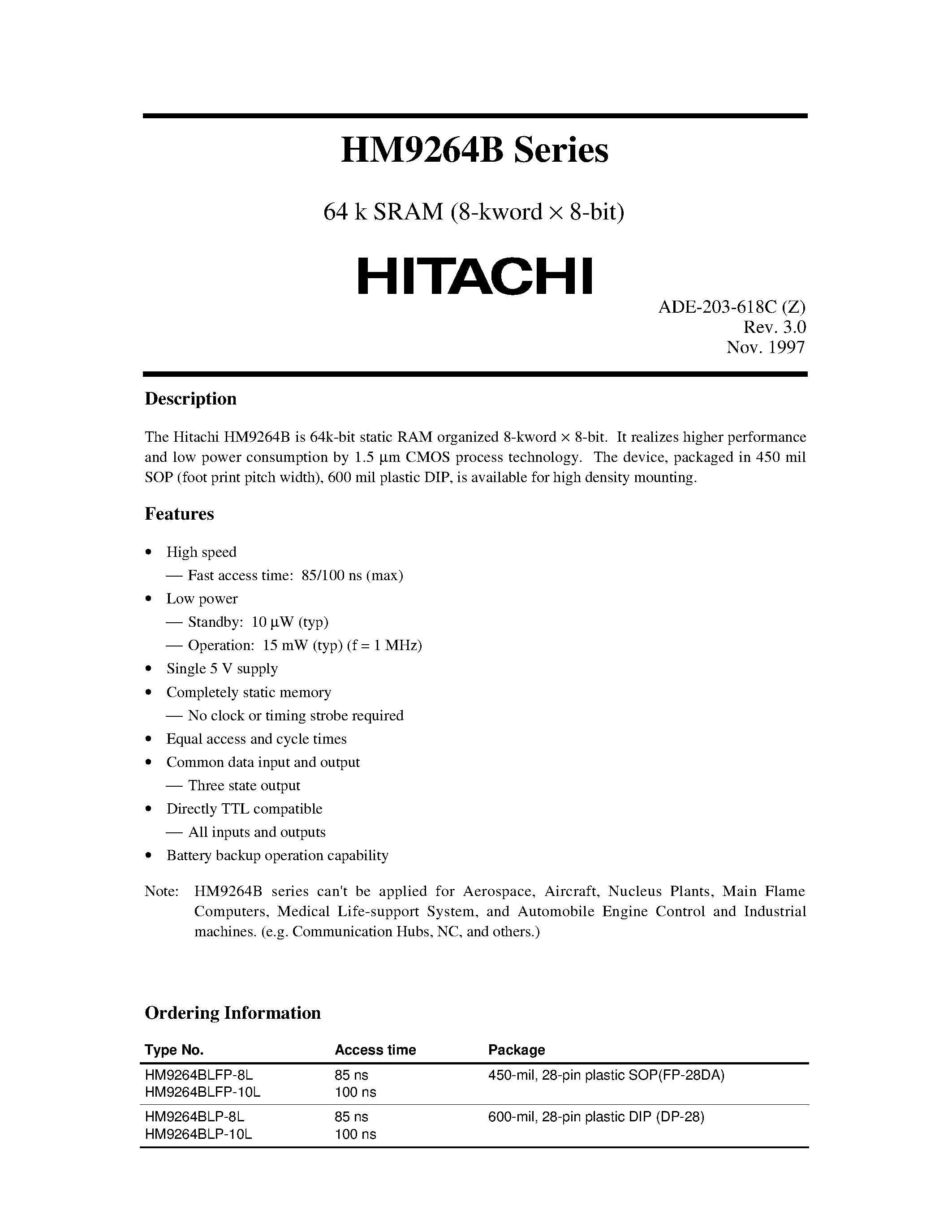 Datasheet HM9264BLFP-8L - 64 k SRAM (8-kword x 8-bit) page 1