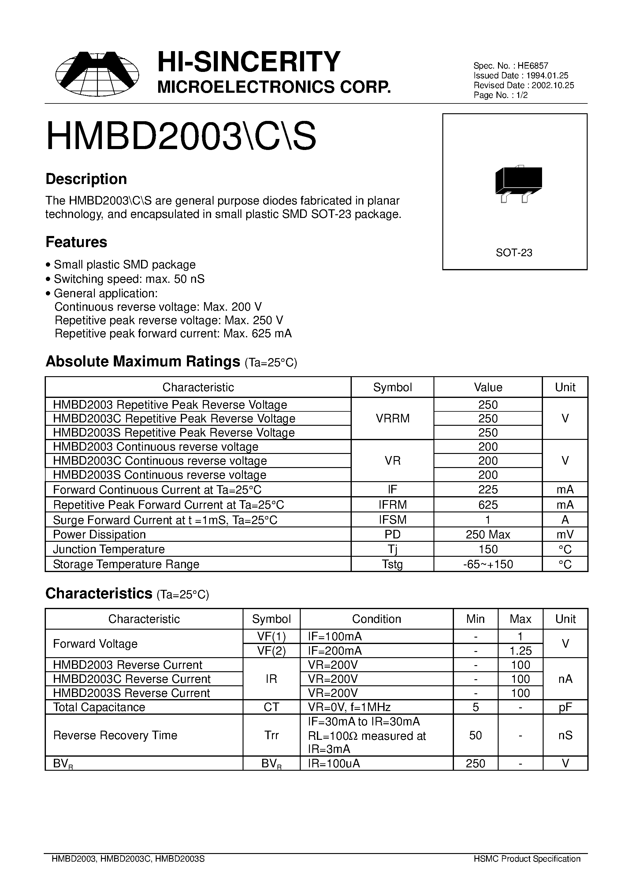 Даташит на микросхему HMBD2003 страница 1 Даташит HMBD2003 - General purpose diodes fabricated in planar technology страница 1