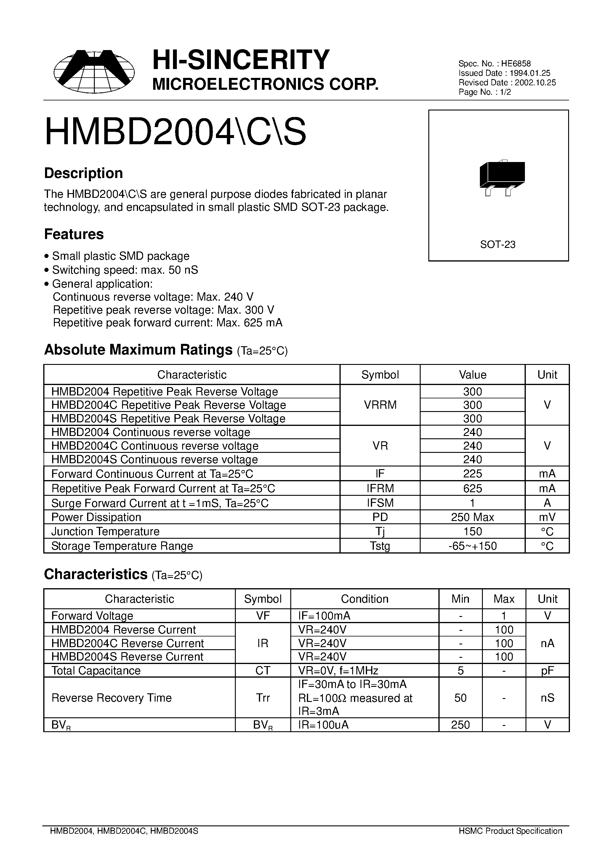 Даташит на микросхему HMBD2004S страница 1 Даташит HMBD2004S - General purpose diodes fabricated in planar tehnology страница 1