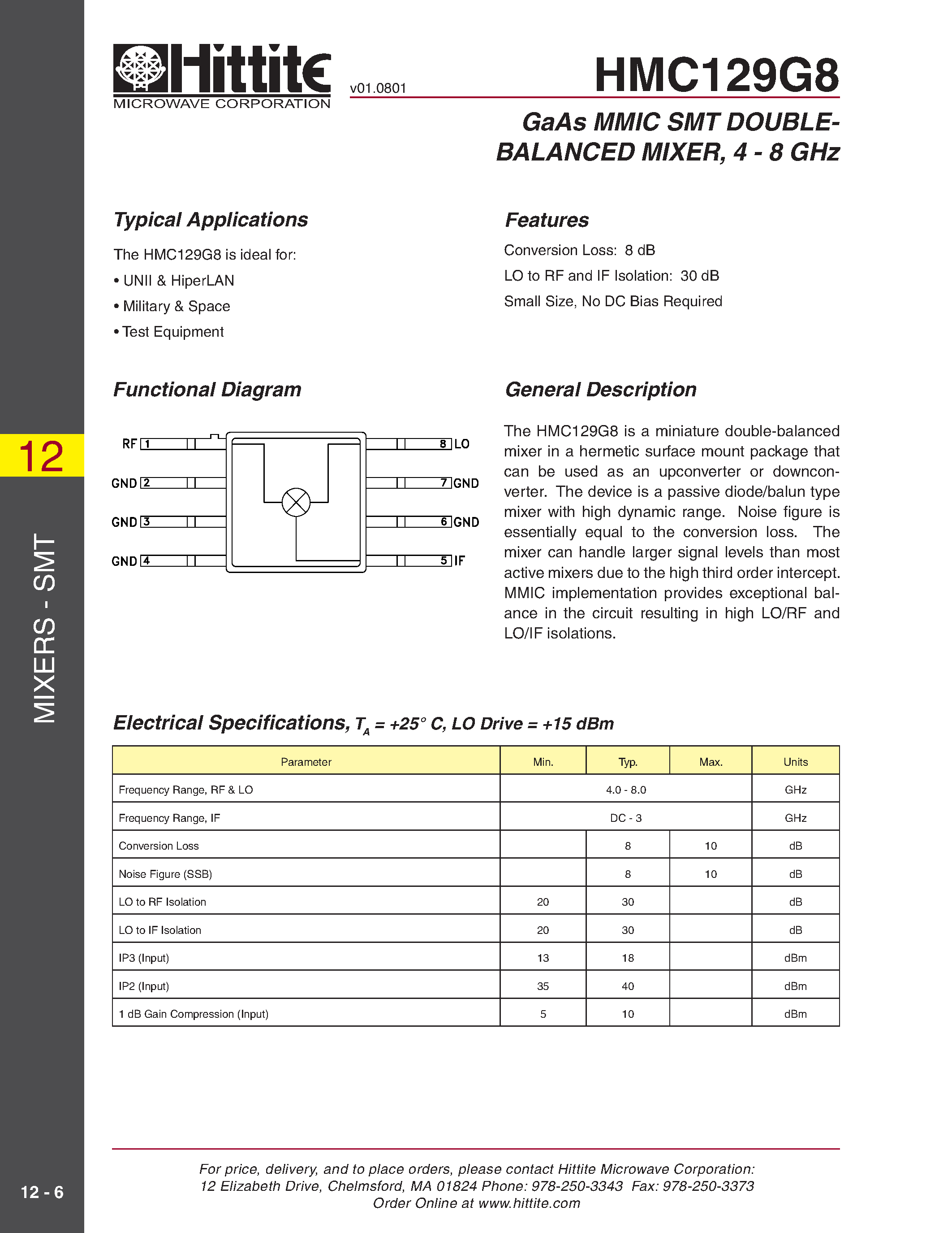 Даташит HMC129G8 - GaAs MMIC SMT DOUBLEBALANCED MIXER/ 4 - 8 GHz страница 1