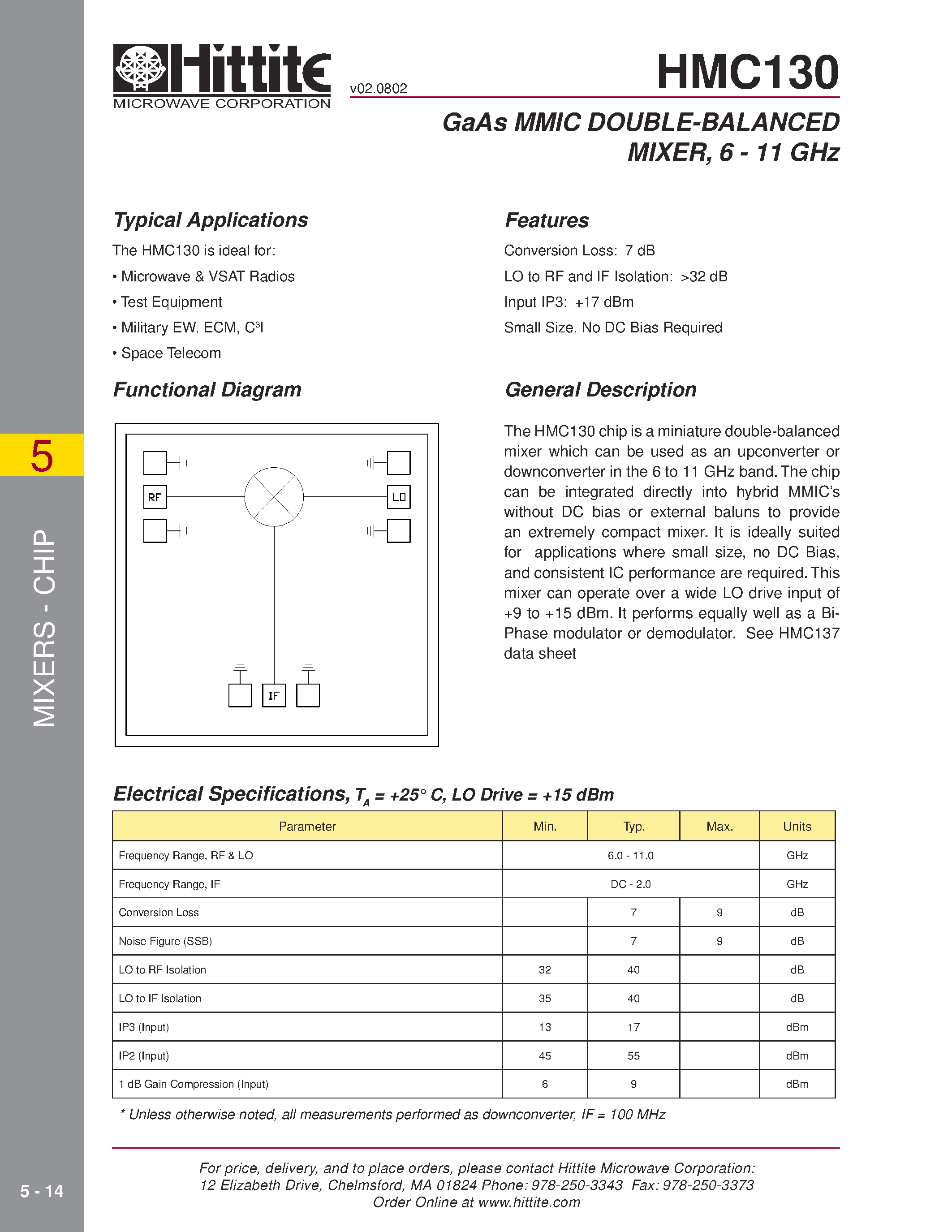 Datasheet HMC130 - GaAs MMIC DOUBLE-BALANCED MIXER/ 6 - 11 GHz page 1