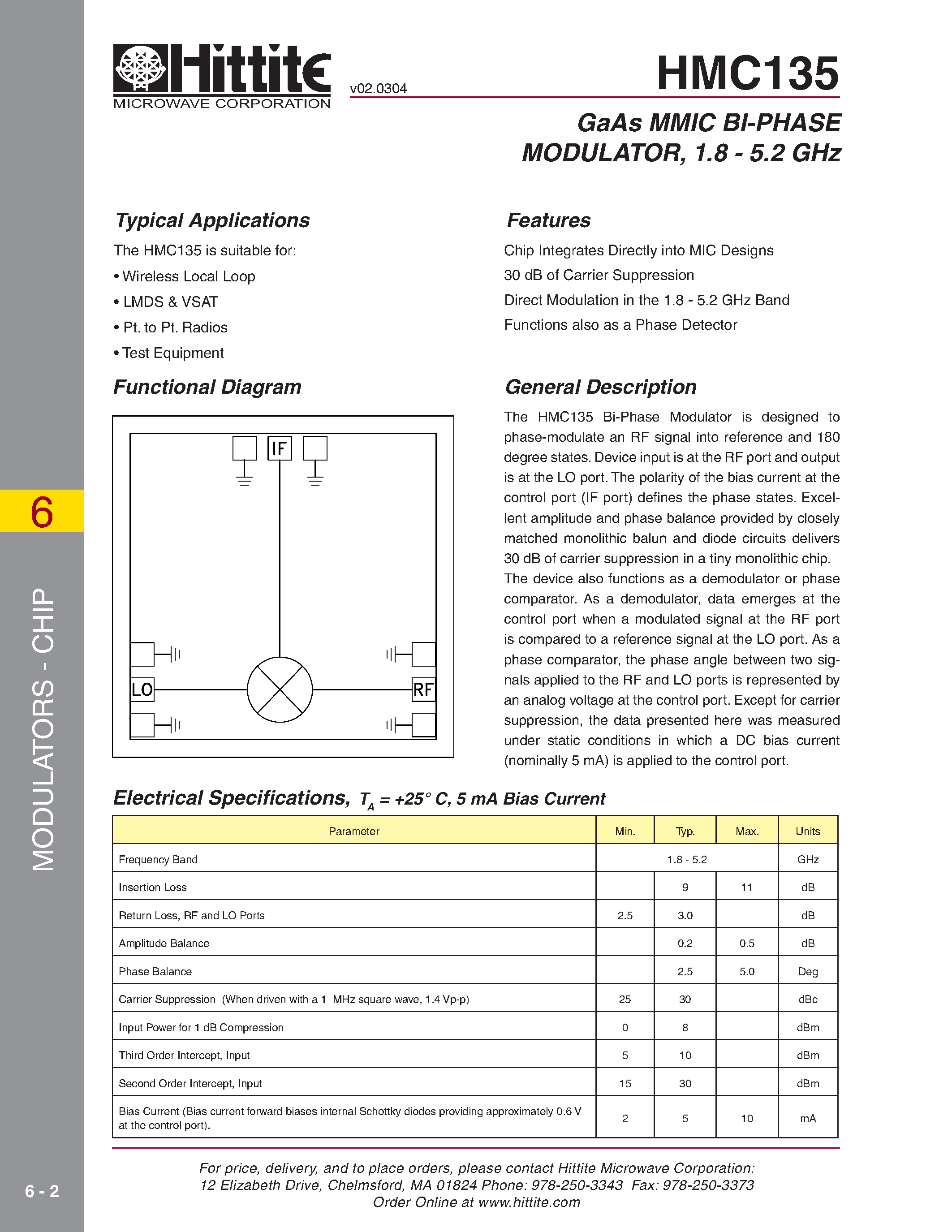 Datasheet HMC135 - GaAs MMIC BI-PHASE MODULATOR/ 1.8 - 5.2 GHz page 1