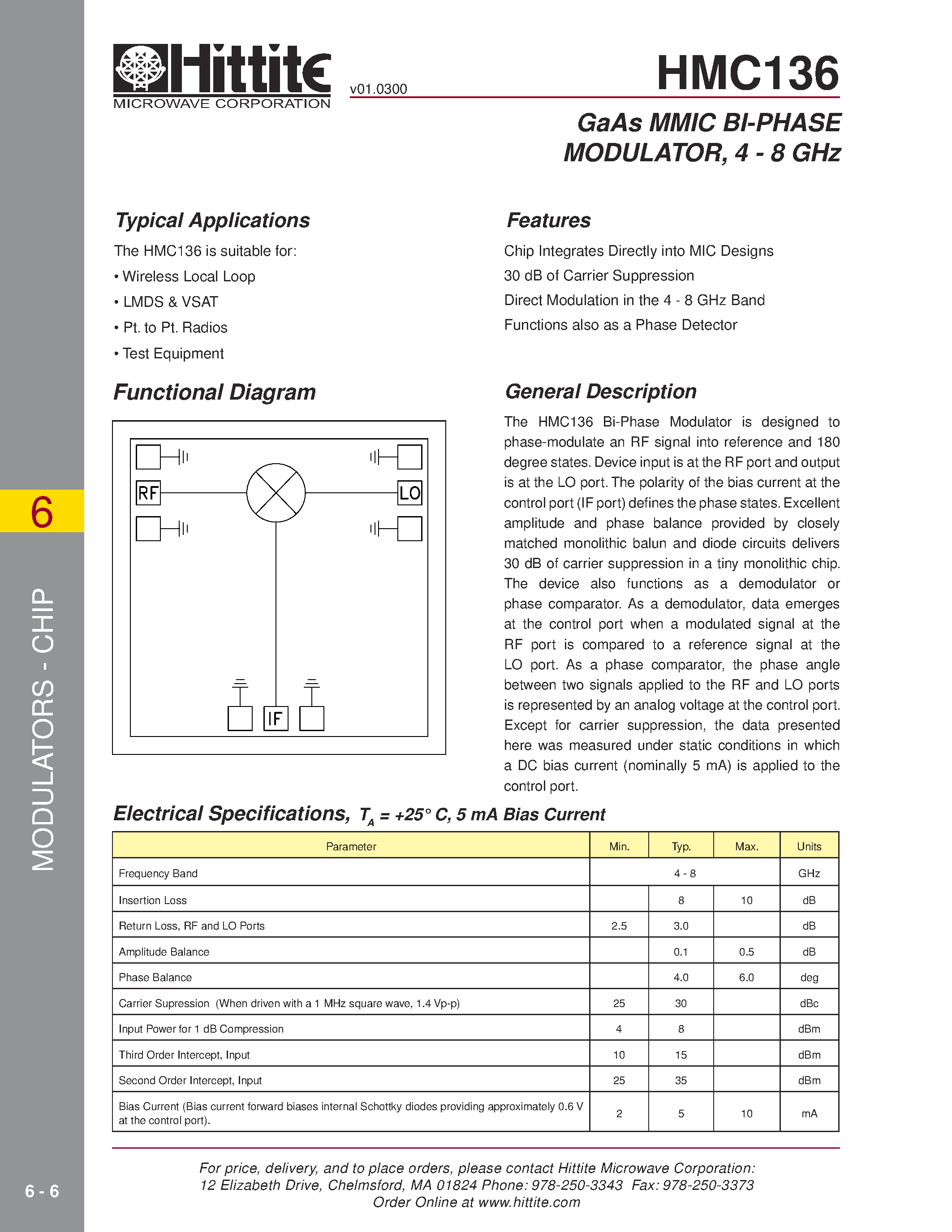 Даташит HMC136 - GaAs MMIC BI-PHASE MODULATOR/ 4 - 8 GHz страница 1