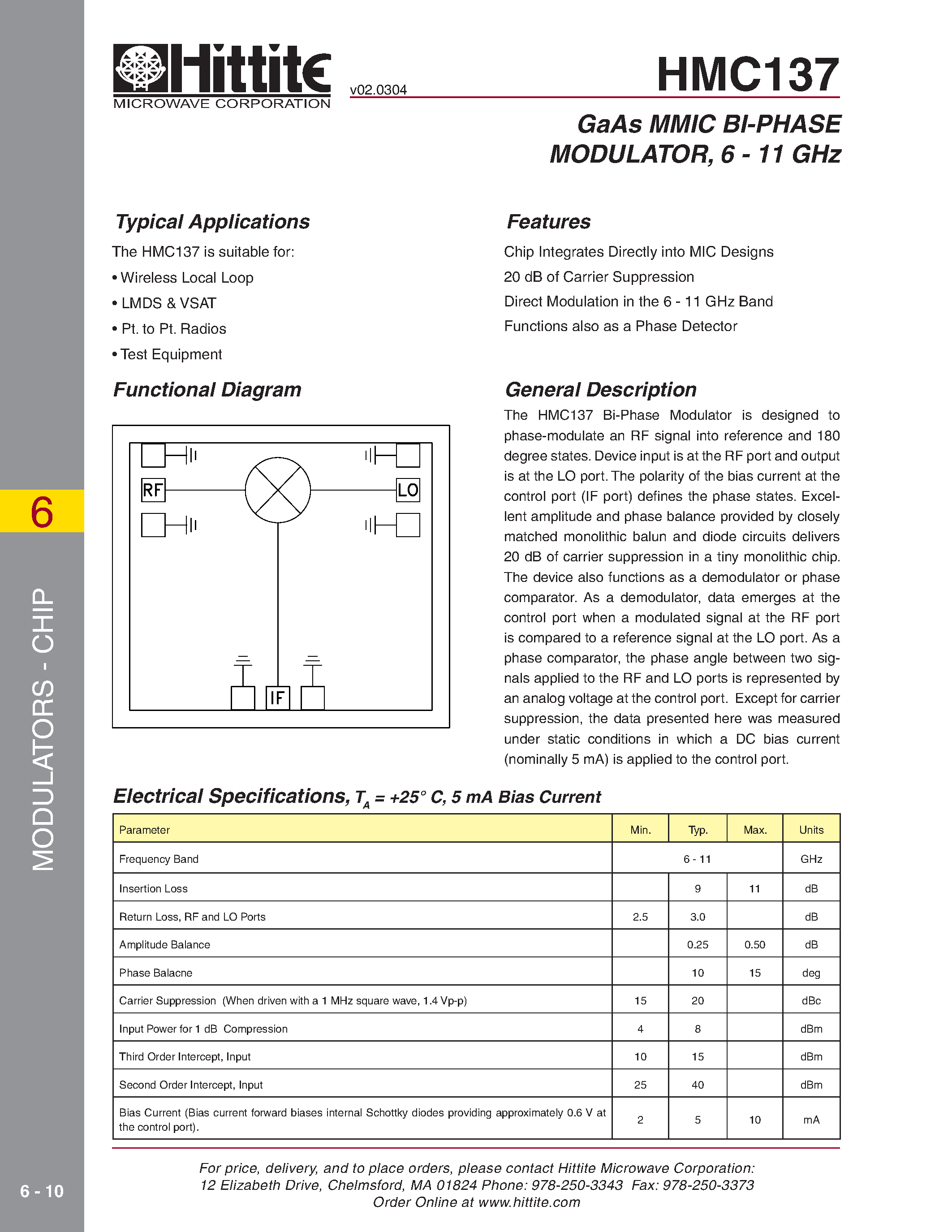 Datasheet HMC137 - GaAs MMIC BI-PHASE MODULATOR/ 6 - 11 GHz page 1