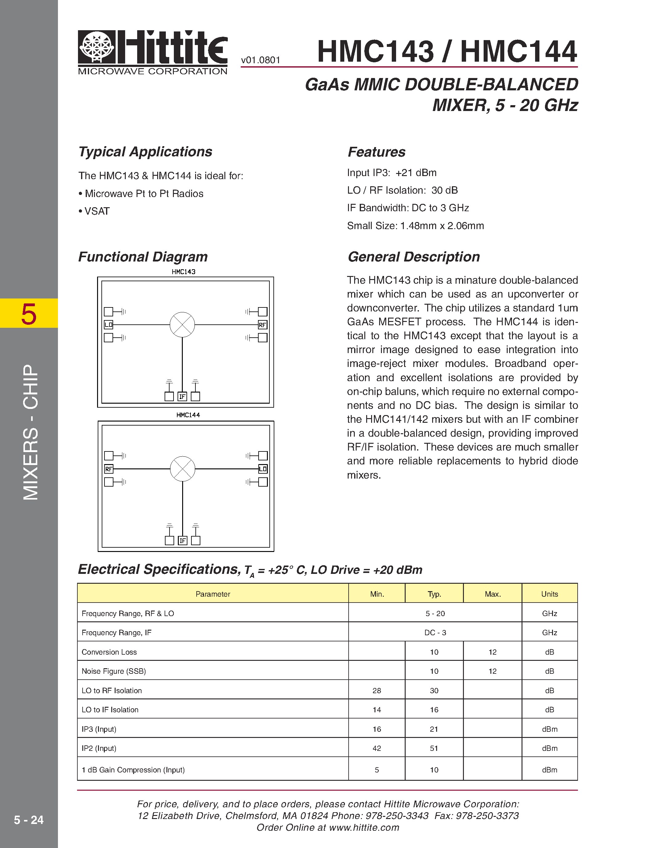 Datasheet HMC143 page 1 Datasheet HMC143 - GaAs MMIC DOUBLE-BALANCED MIXER/ 5 - 20 GHz page 1