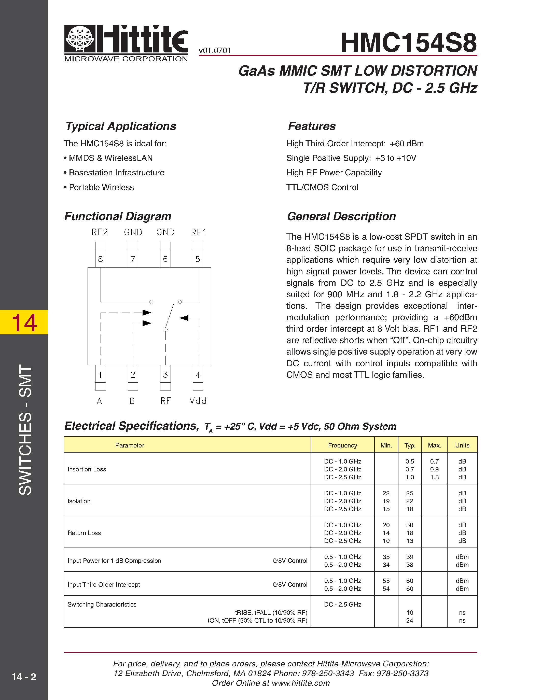 Даташит HMC154S8 - GaAs MMIC SMT LOW DISTORTION T/R SWITCH/ DC - 2.5 GHz страница 1