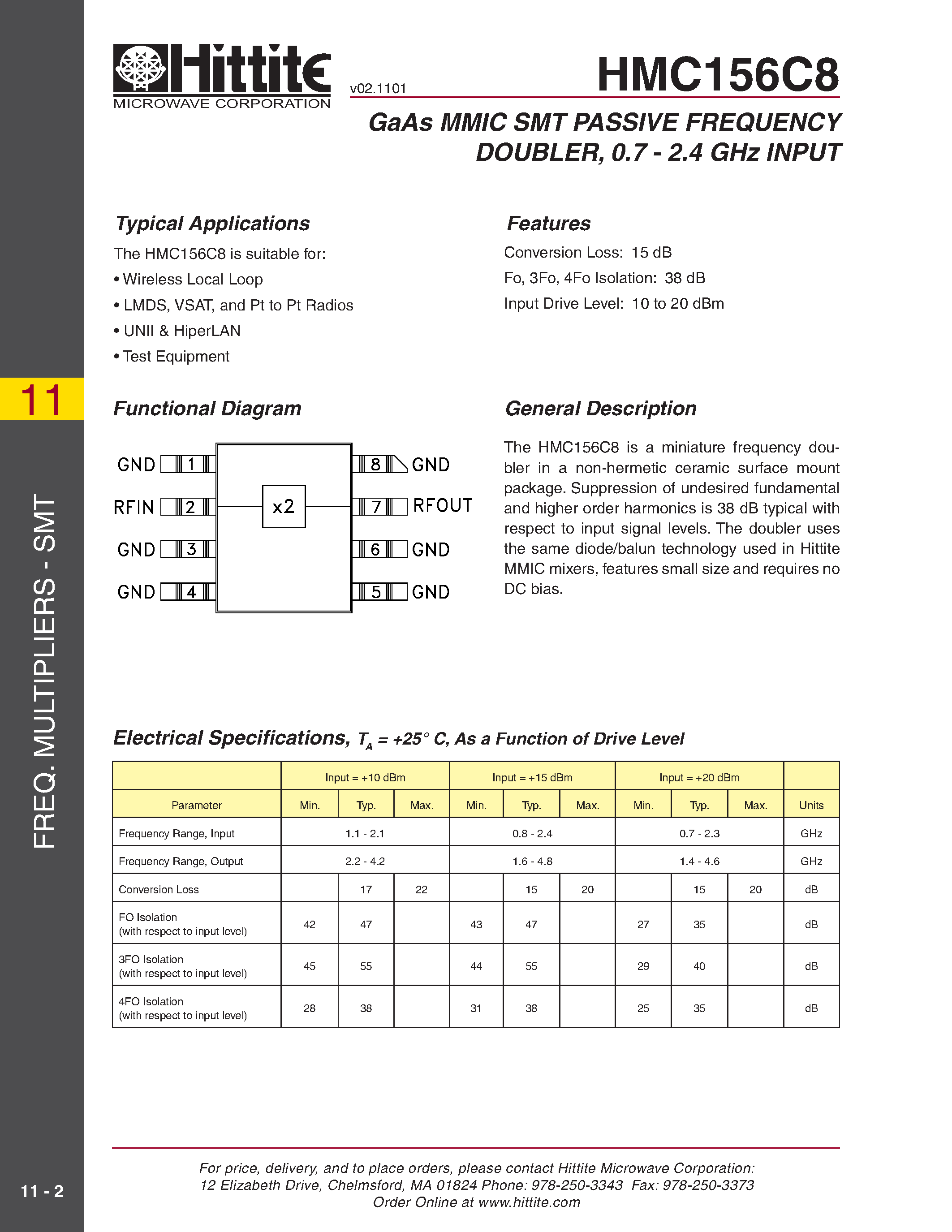 Datasheet HMC156C8 page 1 Datasheet HMC156C8 - GaAs MMIC SMT PASSIVE FREQUENCY DOUBLER/ 0.7 - 2.4 GHz INPUT page 1