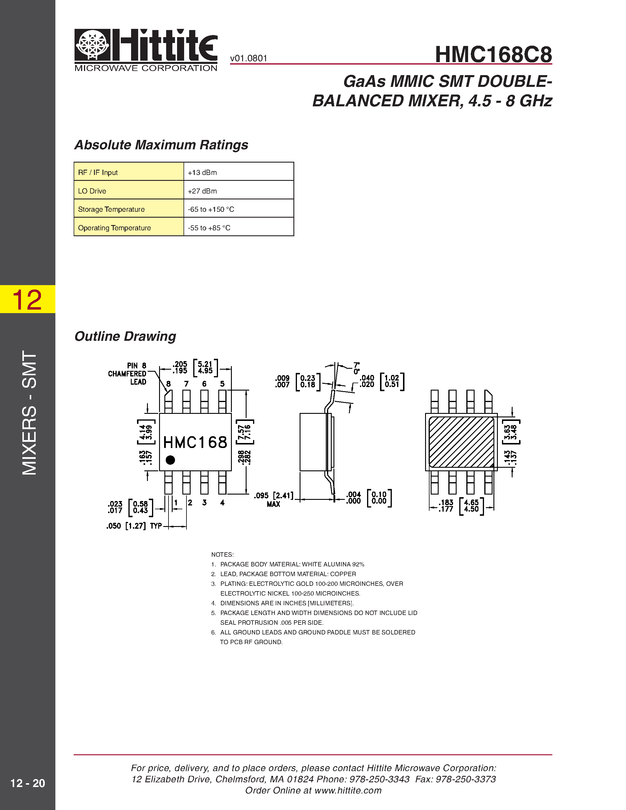 Даташит HMC168C8 - GaAs MMIC SMT DOUBLEBALANCED MIXER/ 4.5 - 8 GHz страница 2