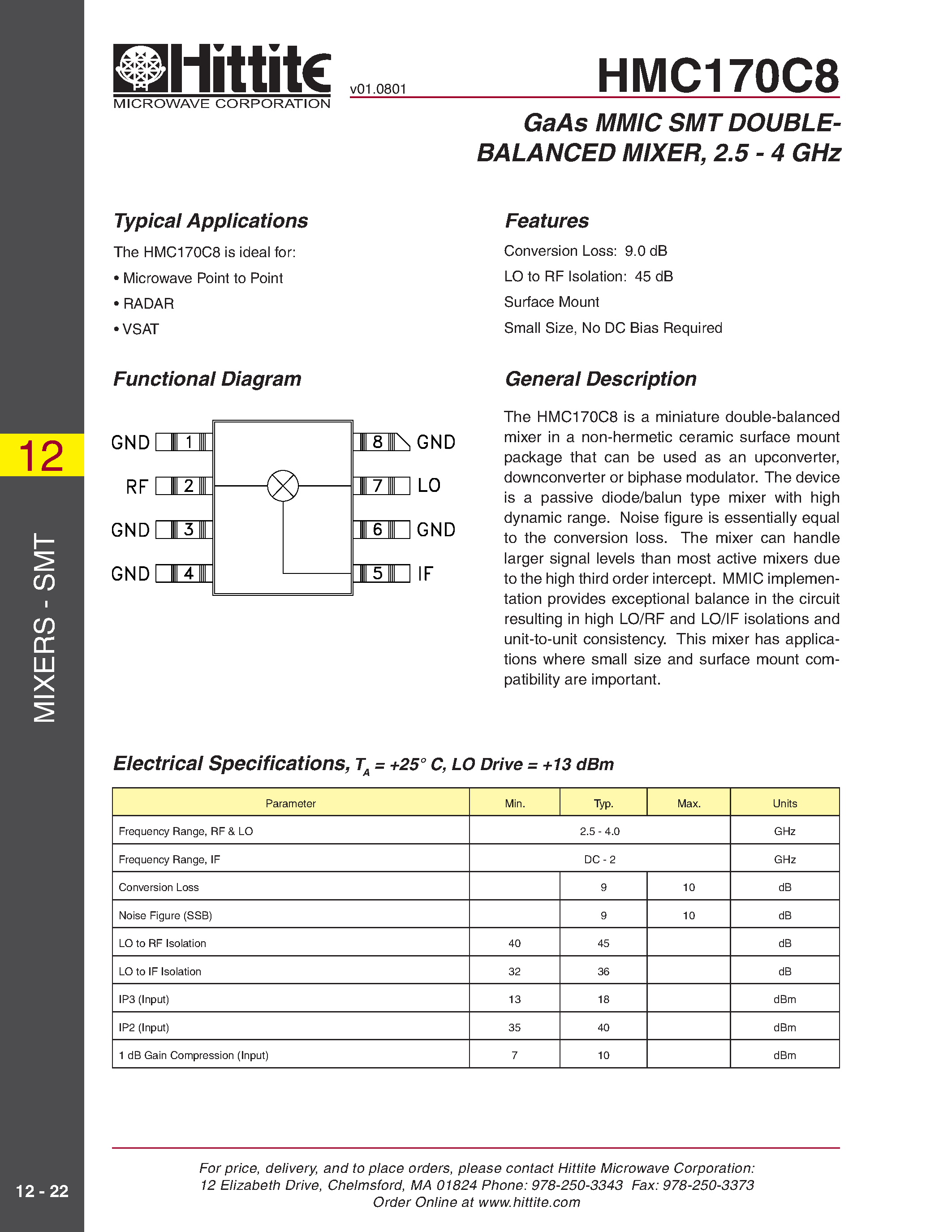 Даташит HMC170C8 - GaAs MMIC SMT DOUBLEBALANCED MIXER/ 2.5 - 4 GHz страница 1