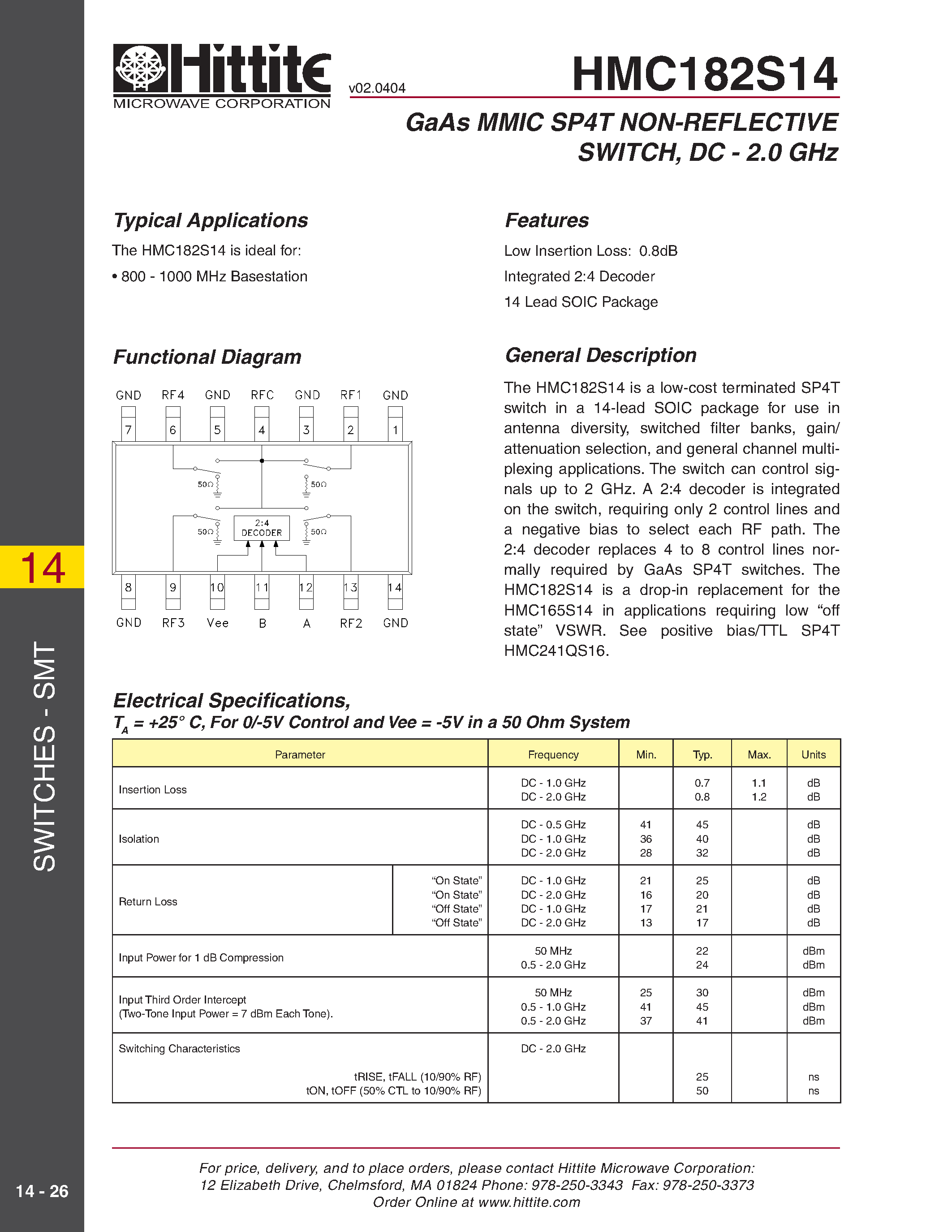 Datasheet HMC182S14 page 1 Datasheet HMC182S14 - GaAs MMIC SP4T NON-REFLECTIVE SWITCH/ DC - 2.0 GHz page 1