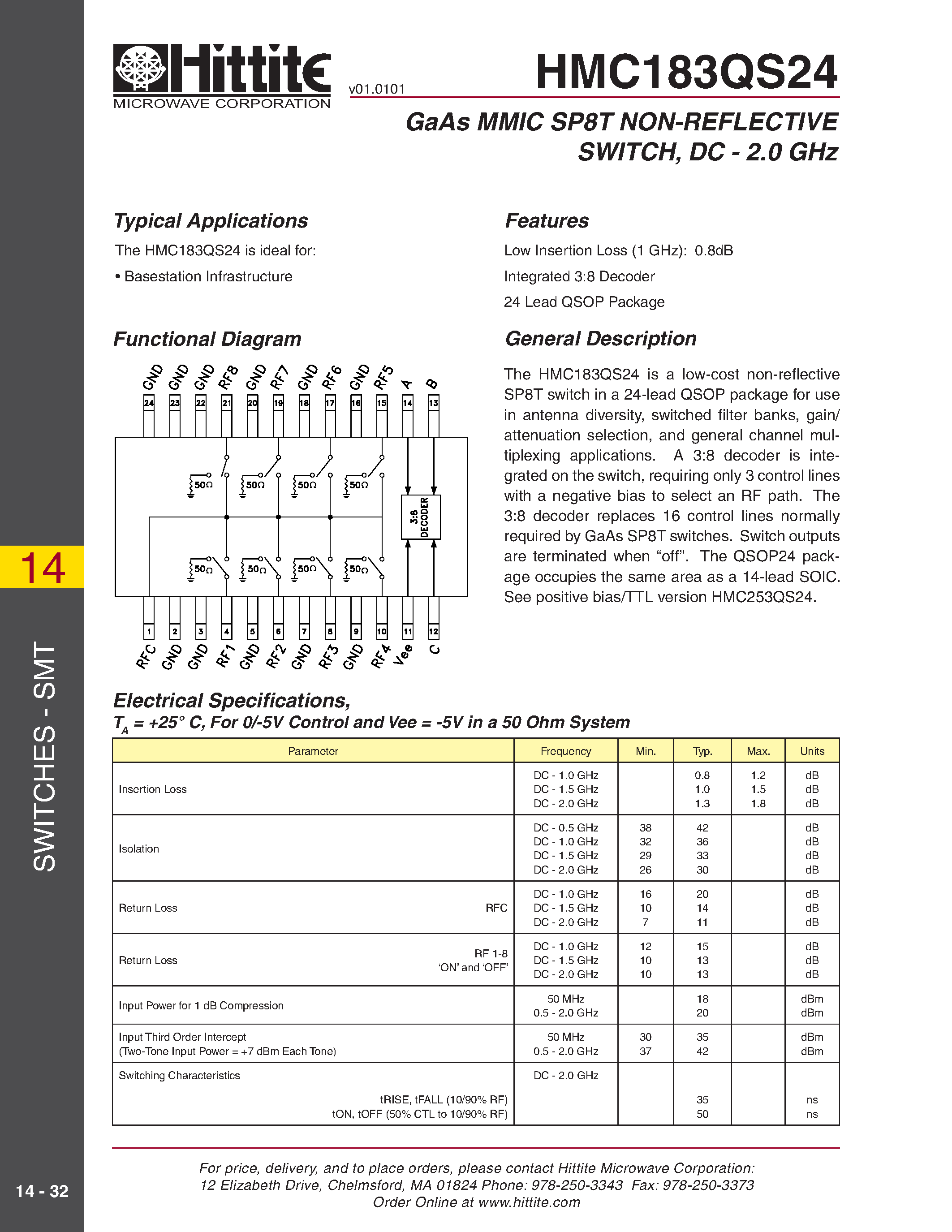 Datasheet HMC183QS24 page 1 Datasheet HMC183QS24 - GaAs MMIC SP8T NON-REFLECTIVE SWITCH/ DC - 2.0 GHz page 1