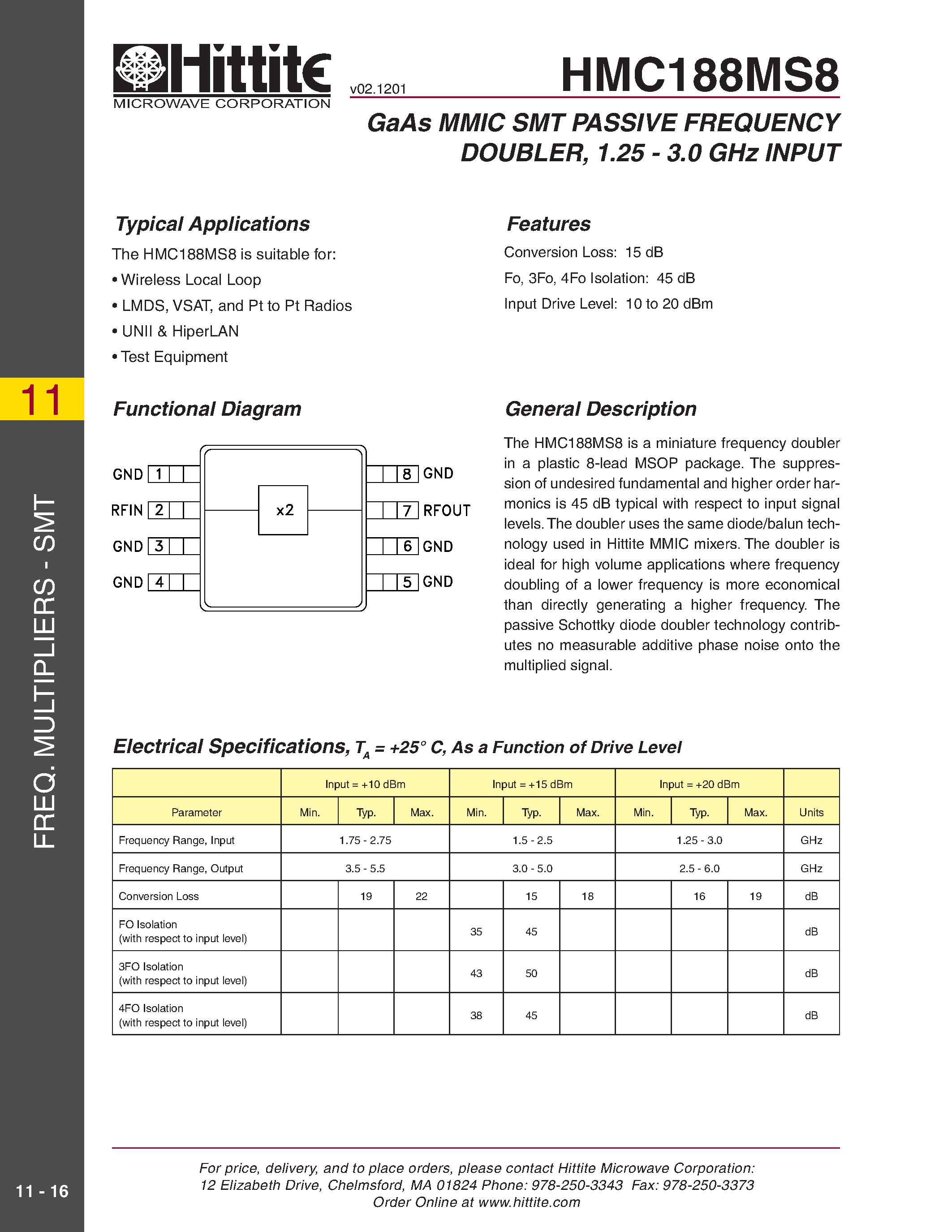 Datasheet HMC188MS8 page 1 Datasheet HMC188MS8 - GaAs MMIC SMT PASSIVE FREQUENCY DOUBLER/ 1.25 - 3.0 GHz INPUT page 1