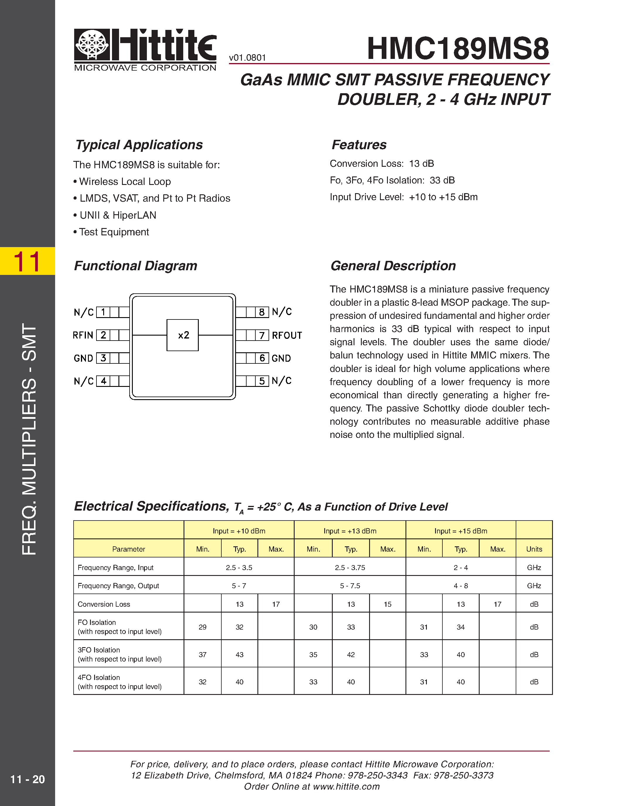 Даташит HMC189MS8 - GaAs MMIC SMT PASSIVE FREQUENCY DOUBLER/ 2 - 4 GHz INPUT страница 1