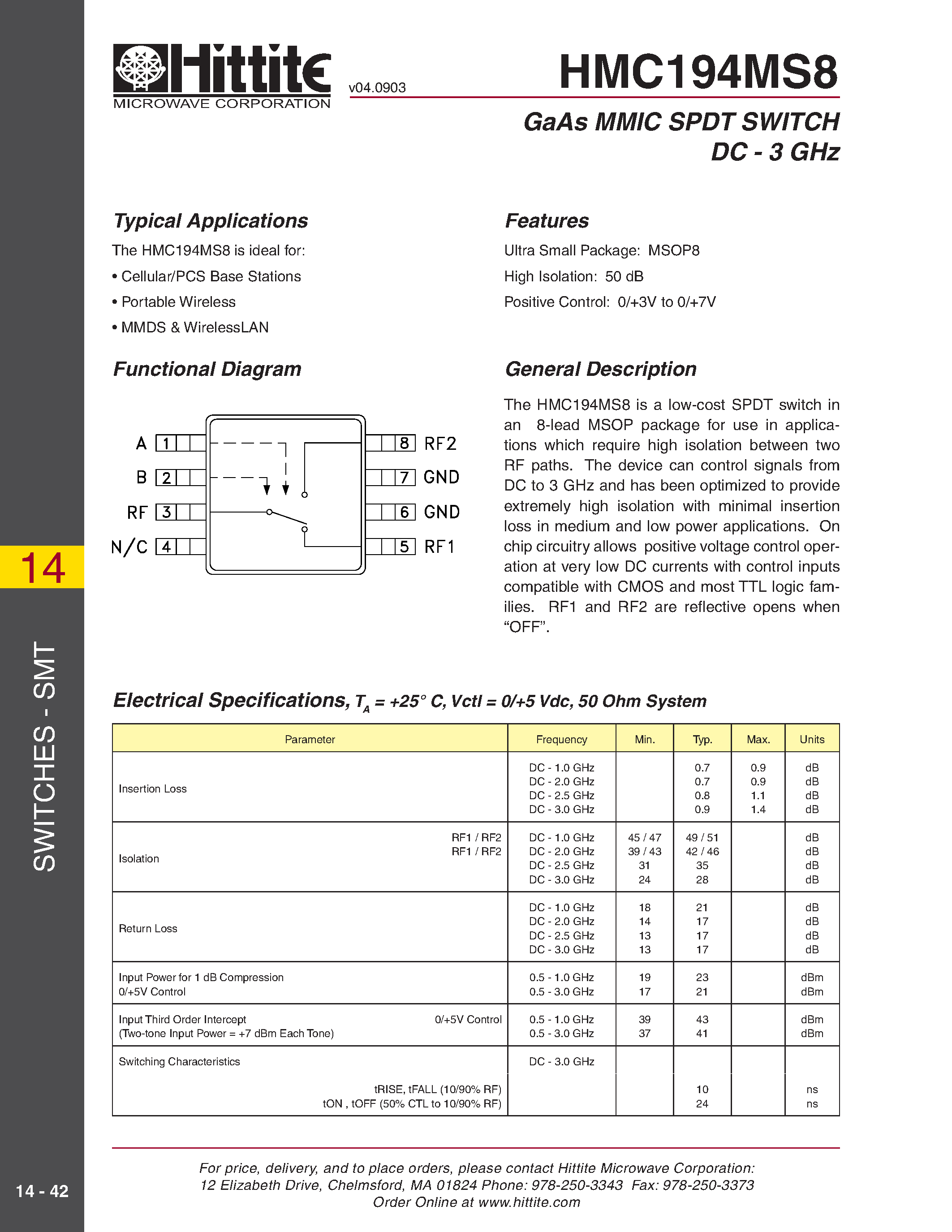 Даташит HMC194MS8 - GaAs MMIC SPDT SWITCH DC - 3 GHz страница 1