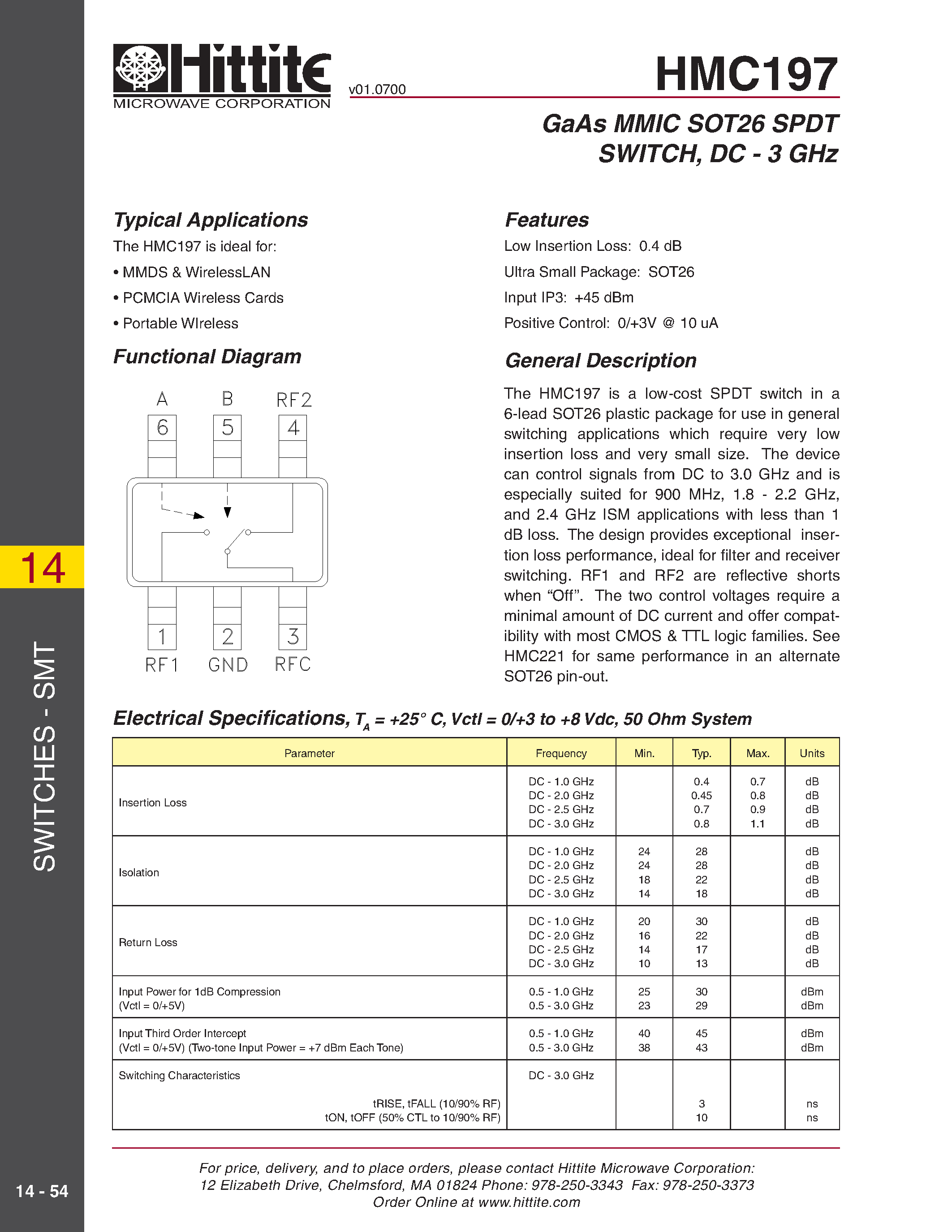 Даташит HMC197 - GaAs MMIC SOT26 SPDT SWITCH/ DC - 3 GHz страница 1