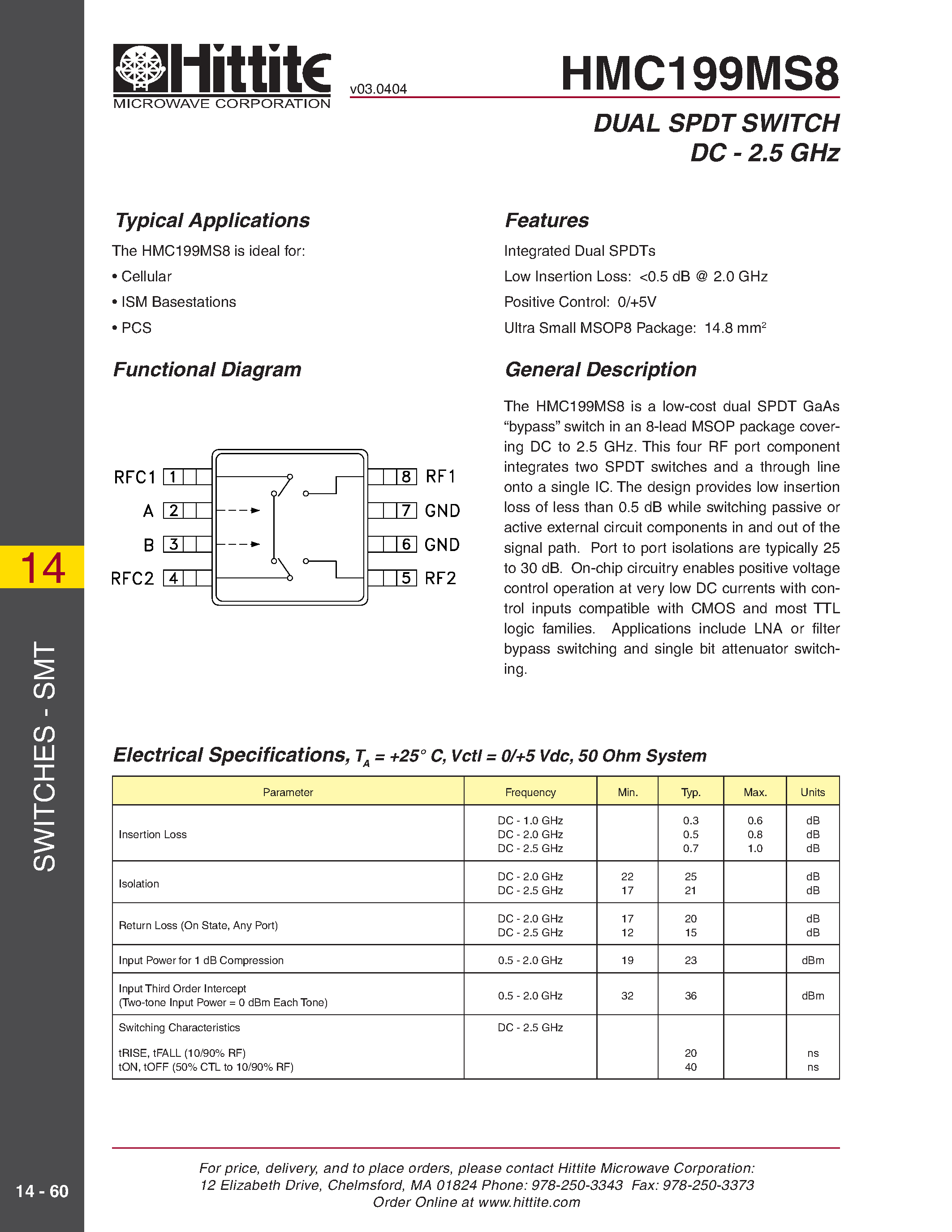 Datasheet HMC199MS8 page 1 Datasheet HMC199MS8 - DUAL SPDT SWITCH DC - 2.5 GHz page 1