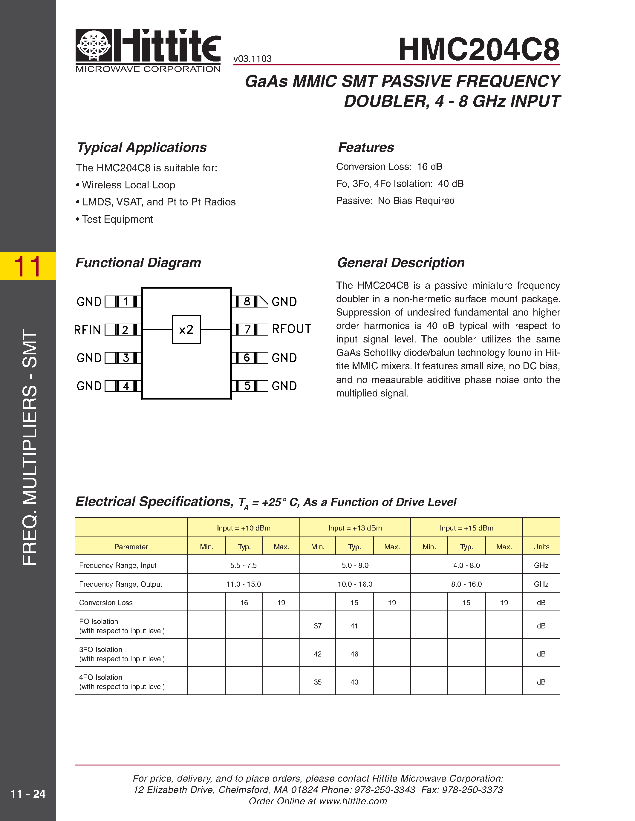 Даташит HMC204C8 - GaAs MMIC SMT PASSIVE FREQUENCY DOUBLER/ 4 - 8 GHz INPUT страница 1