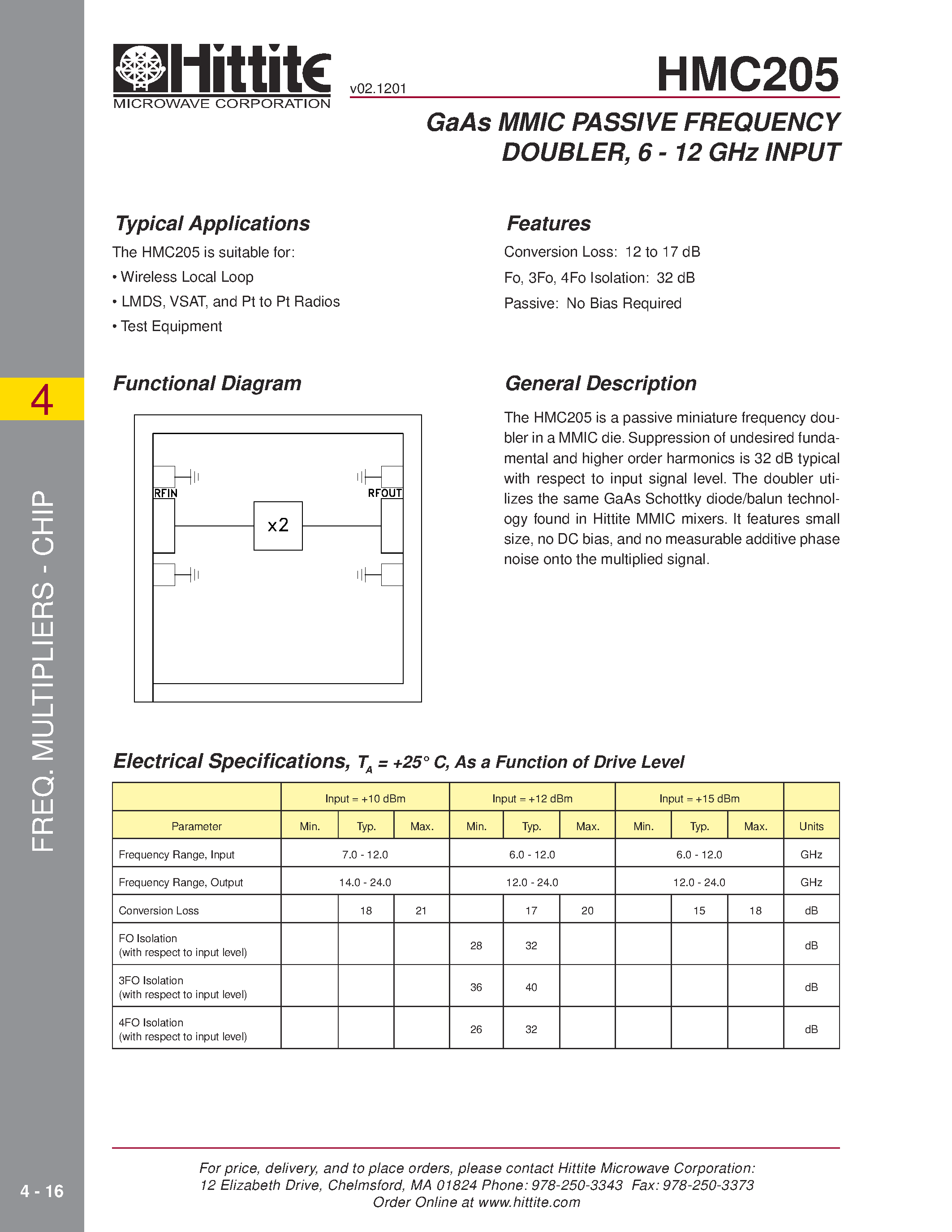 Datasheet HMC205 - GaAs MMIC PASSIVE FREQUENCY DOUBLER/ 6 - 12 GHz INPUT page 1