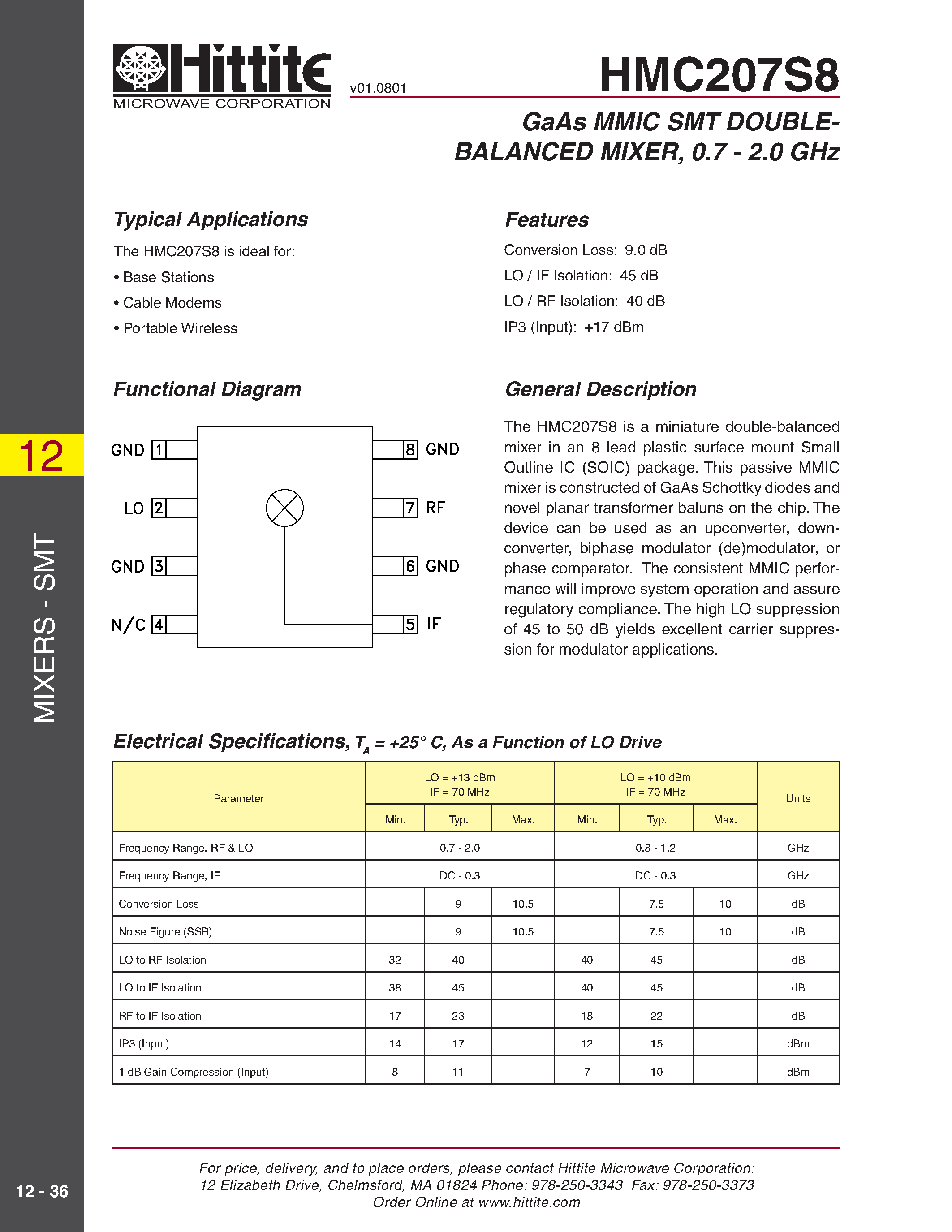 Datasheet HMC207S8 - GaAs MMIC SMT DOUBLEBALANCED MIXER/ 0.7 - 2.0 GHz page 1