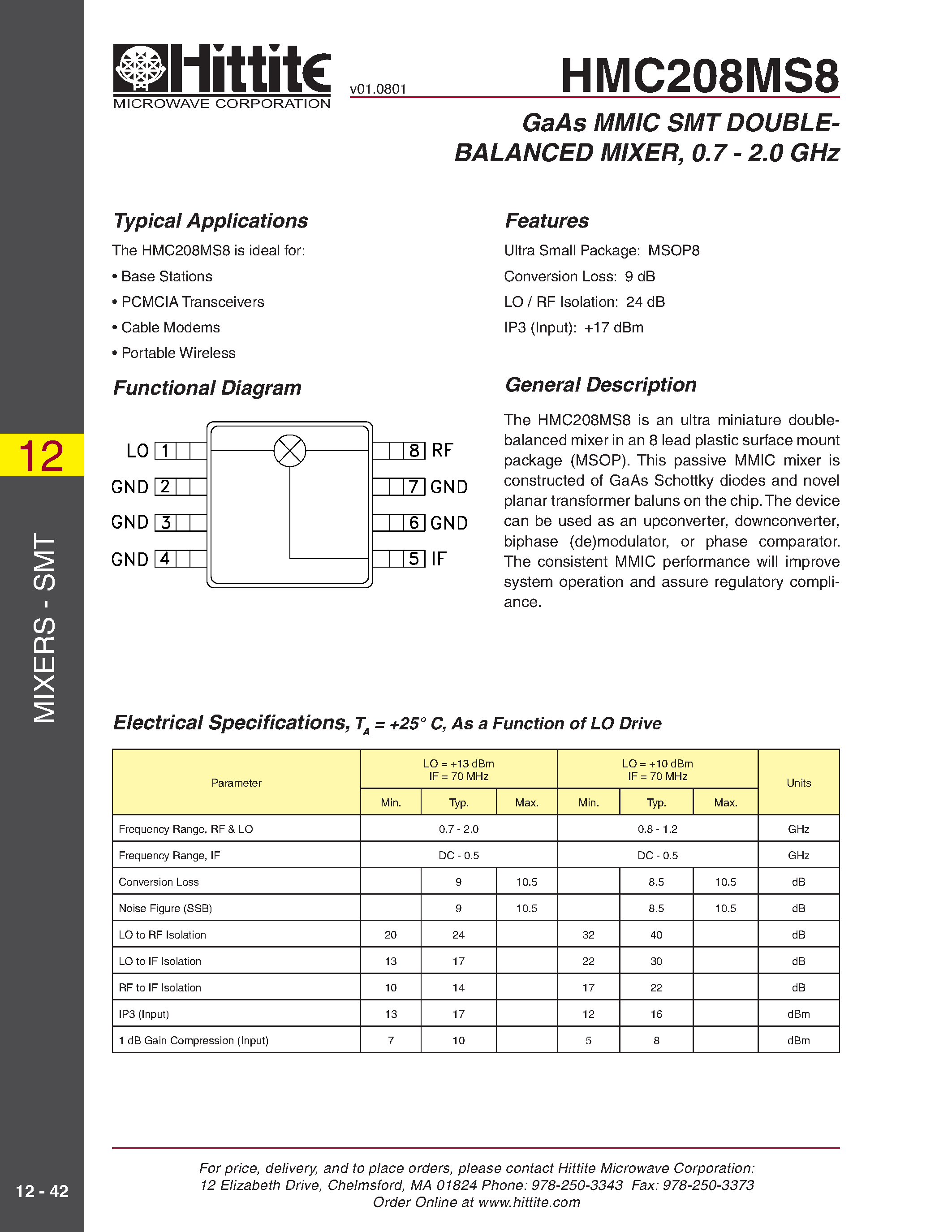 Datasheet HMC208MS8 - GaAs MMIC SMT DOUBLEBALANCED MIXER/ 0.7 - 2.0 GHz page 1