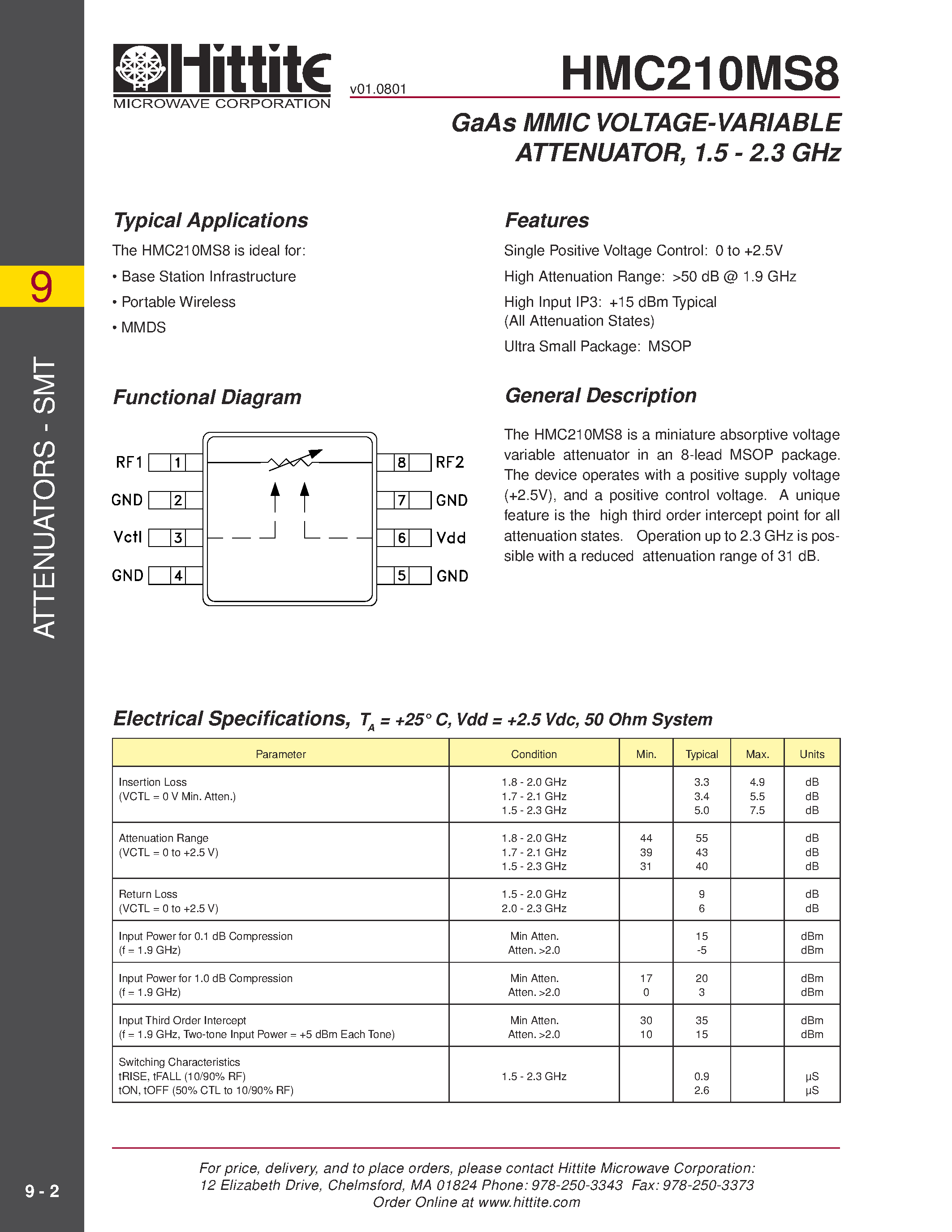 Datasheet HMC210MS8 page 1 Datasheet HMC210MS8 - GaAs MMIC VOLTAGE-VARIABLE ATTENUATOR/ 1.5 - 2.3 GHz page 1
