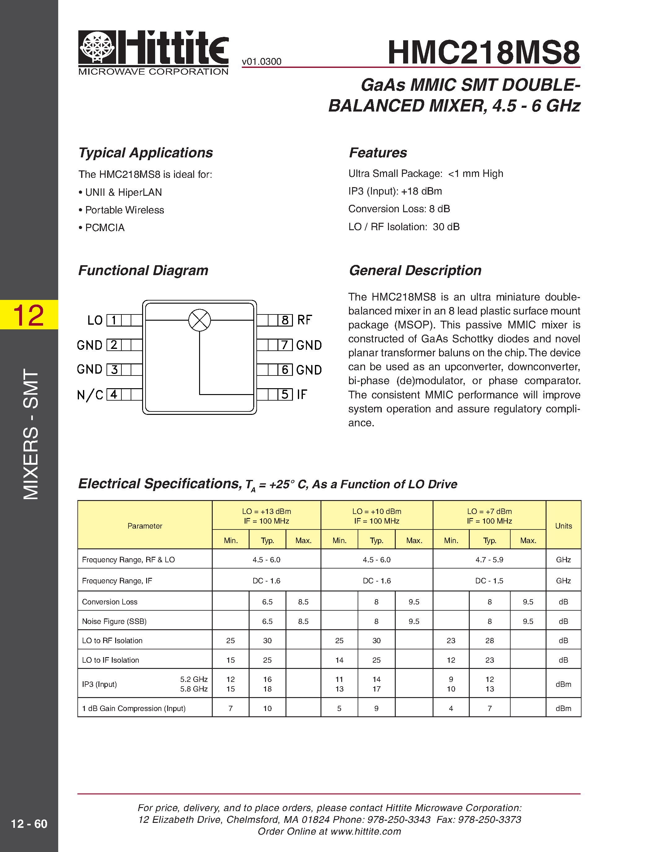 Datasheet HMC218MS8 page 1 Datasheet HMC218MS8 - GaAs MMIC SMT DOUBLEBALANCED MIXER/ 4.5 - 6 GHz page 1
