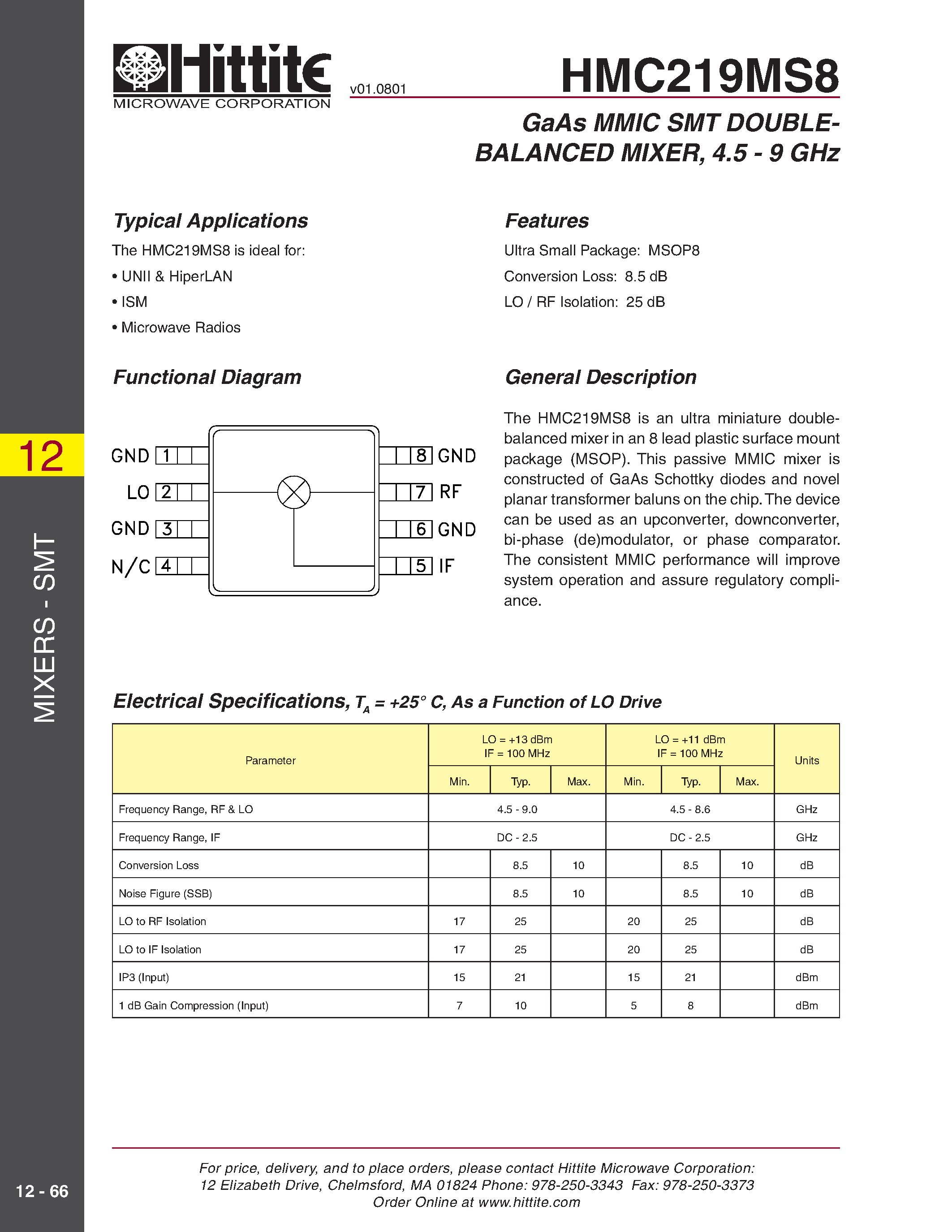 Даташит HMC219MS8 - GaAs MMIC SMT DOUBLEBALANCED MIXER/ 4.5 - 9 GHz страница 1