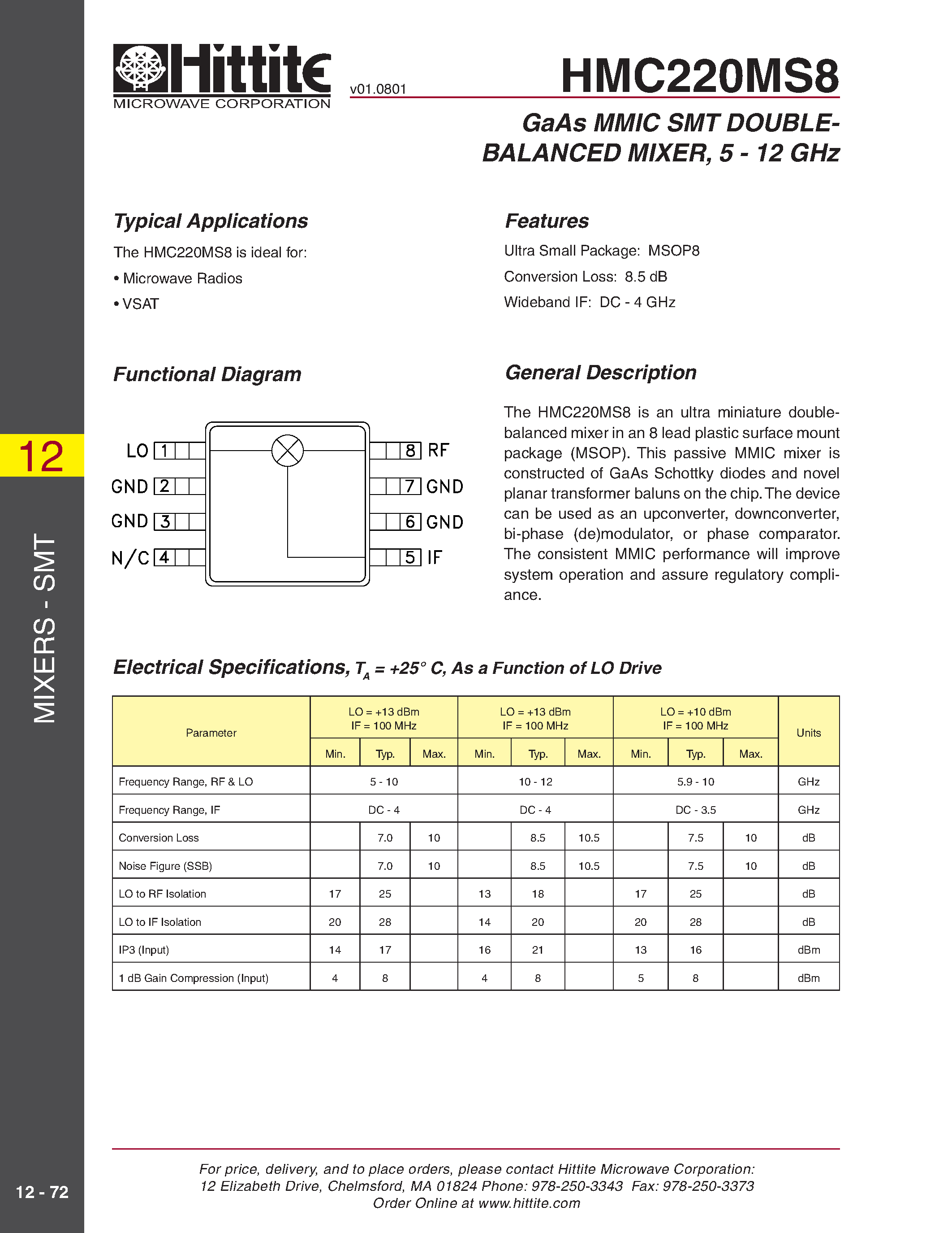 Datasheet HMC220MS8 page 1 Datasheet HMC220MS8 - GaAs MMIC SMT DOUBLEBALANCED MIXER/ 5 - 12 GHz page 1