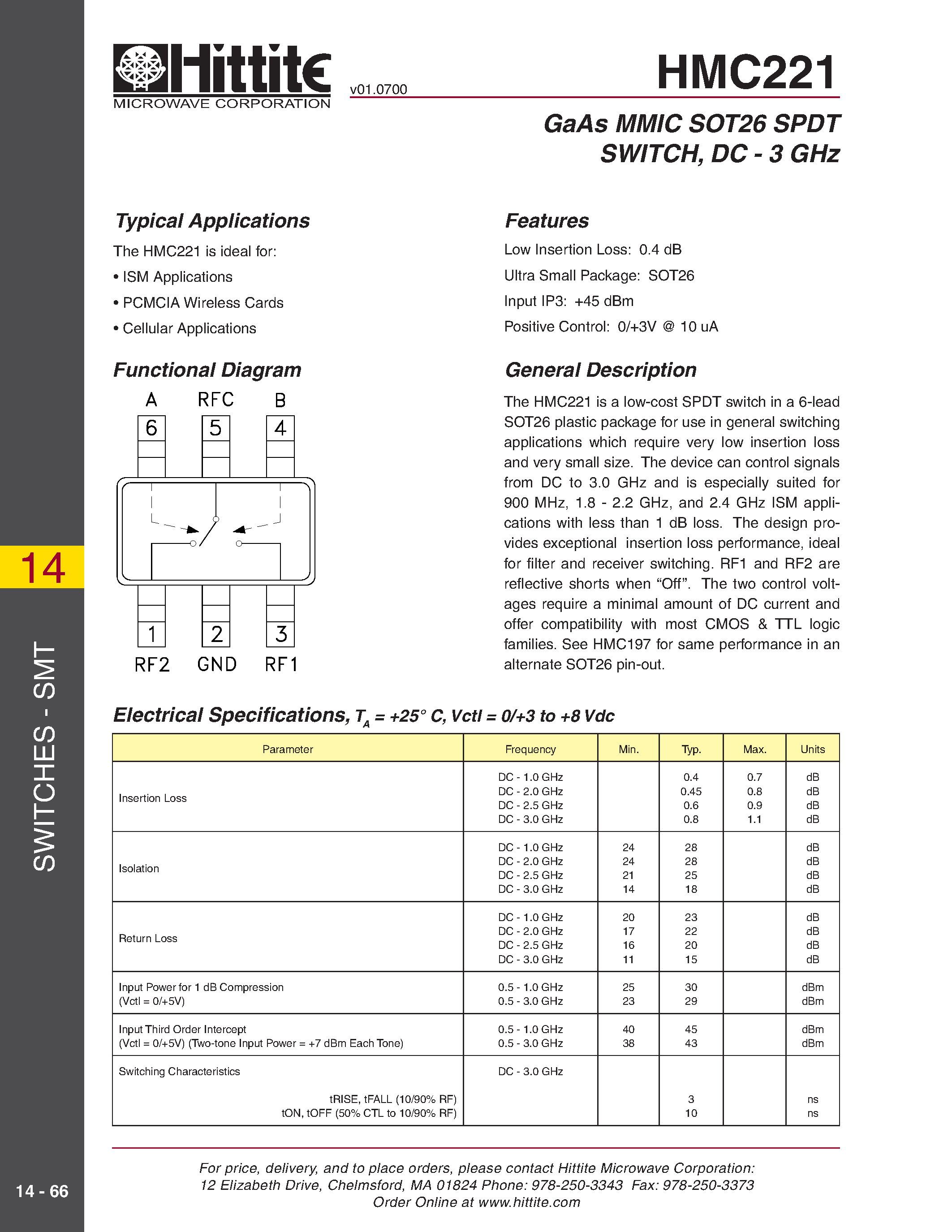 Даташит HMC221 - GaAs MMIC SOT26 SPDT SWITCH/ DC - 3 GHz страница 1